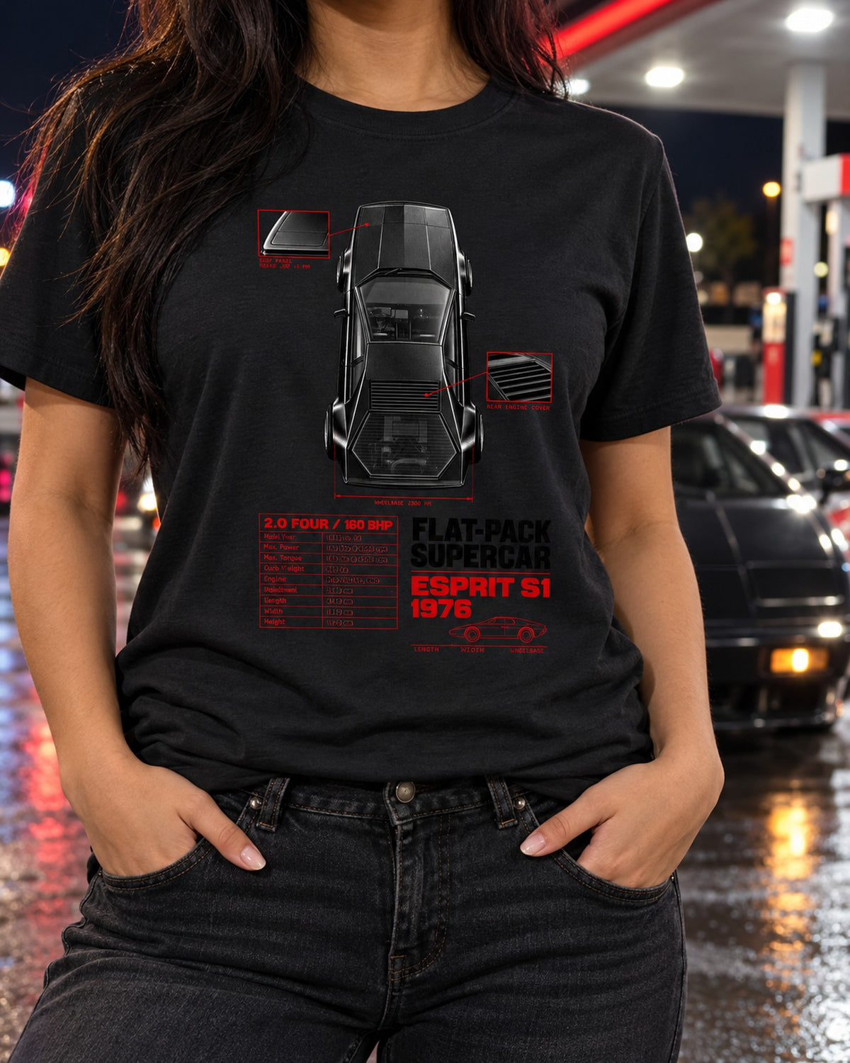 Lotus Esprit S1 1976 Top-Down Spec Poster Tee T-Shirt Black worn hero