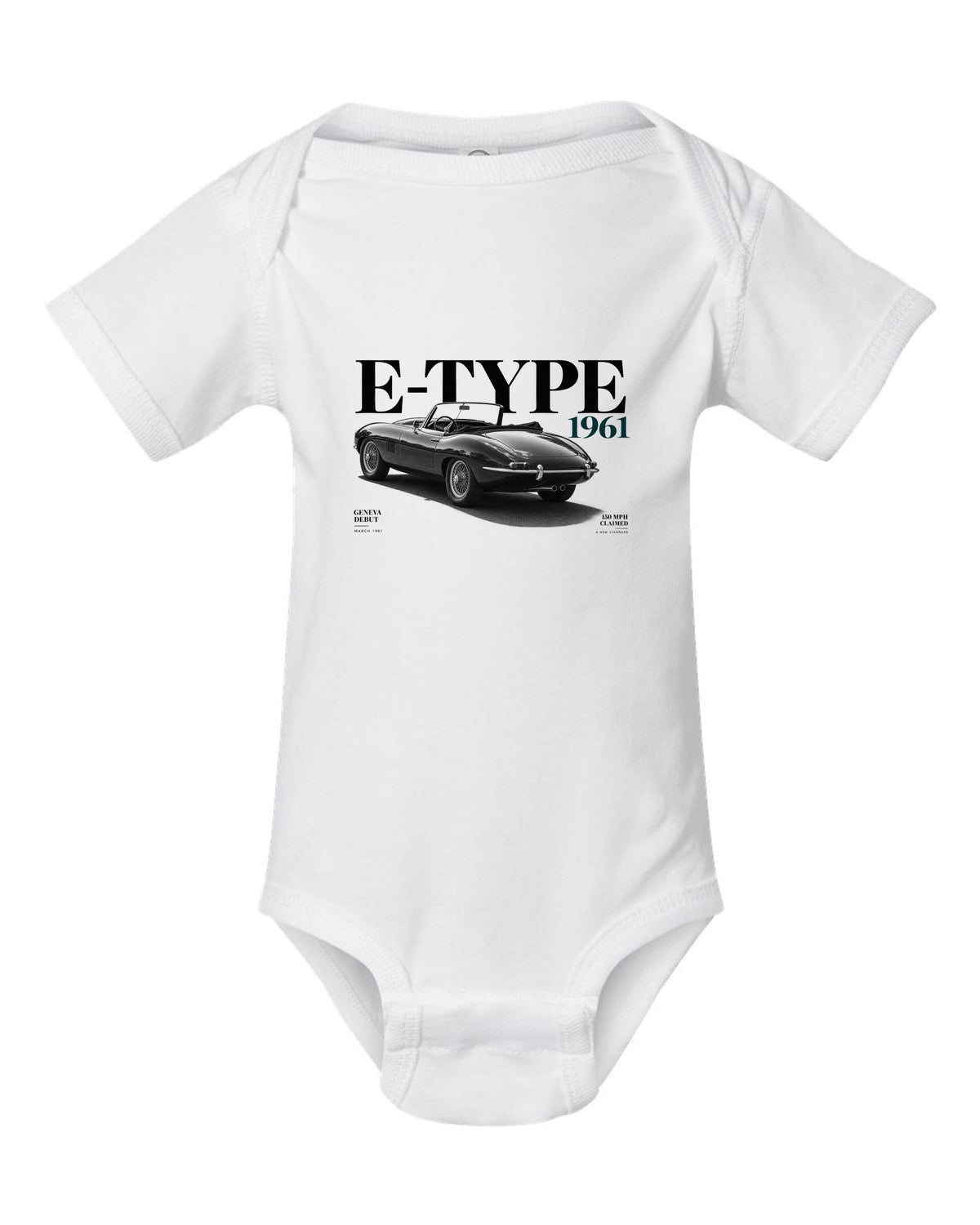 Jaguar E-Type roadster 1961 Geneva debut editorial poster white baby onesie front view with the design
