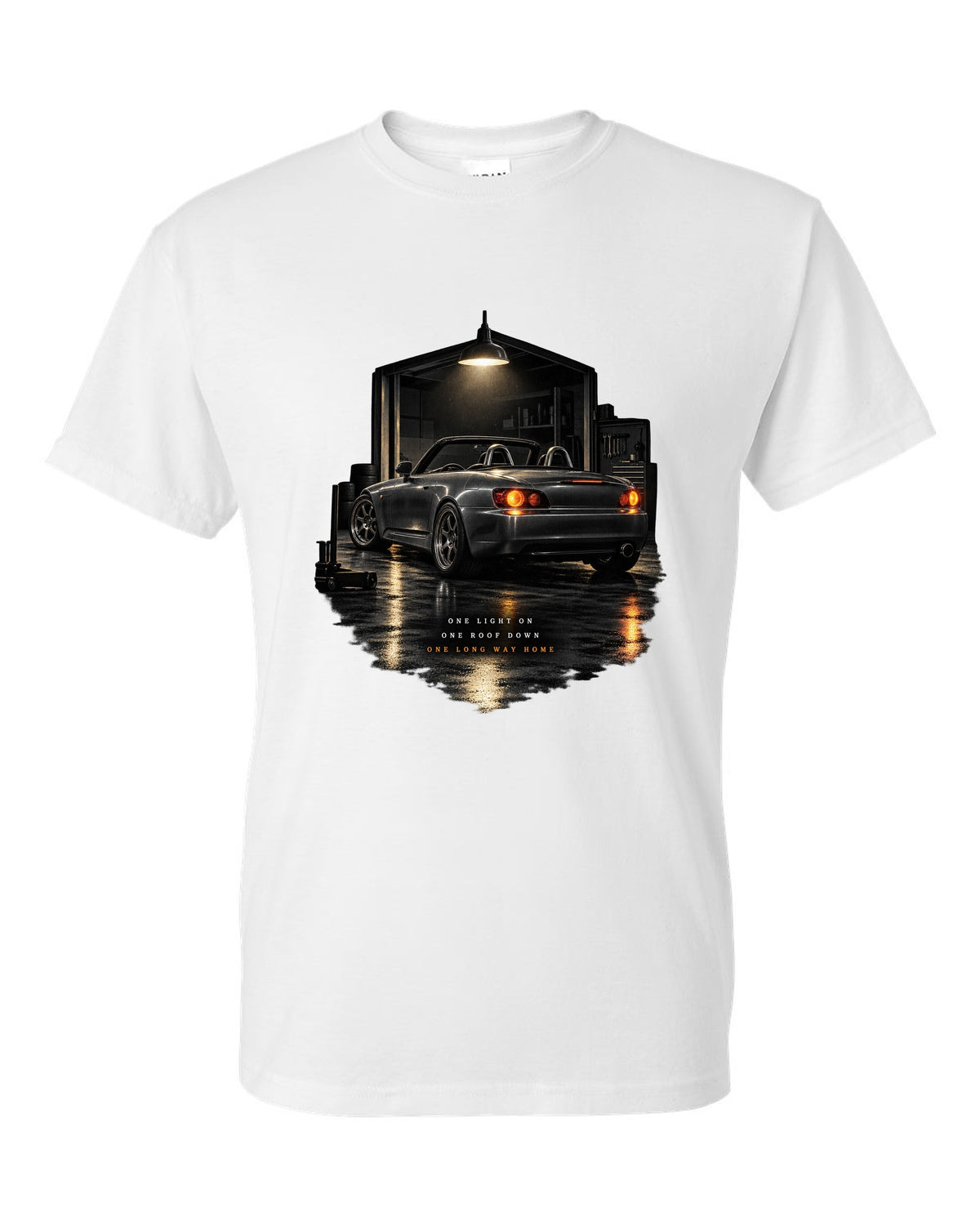Honda S2000 AP1 roadster garage night design with roof down long way home text white t-shirt front view with the design
