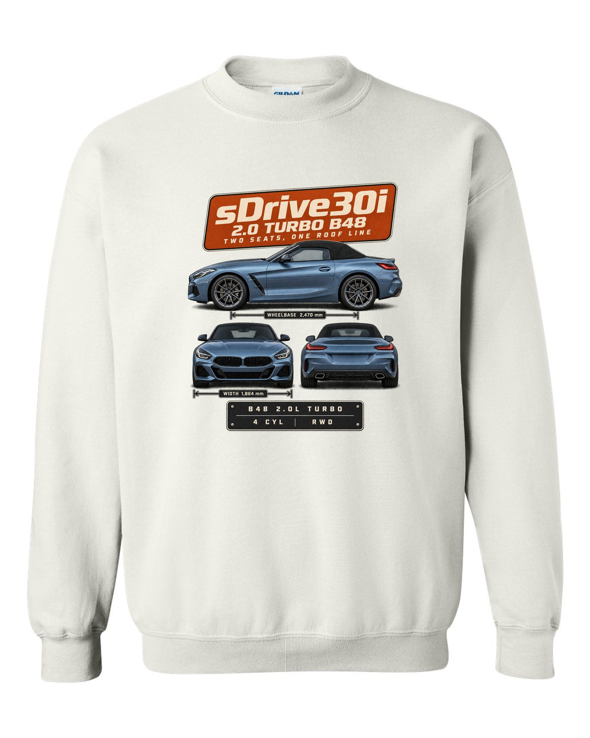 Three-view drawing and spec table print of the BMW Z4 sDrive30i G29 white crewneck front view with the design