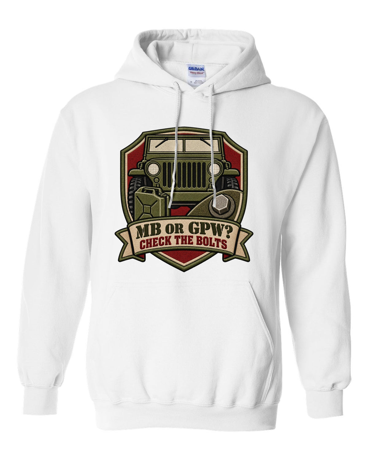 Embroidery-style service crest print of a Willys MB and Ford GPW with bolts text white pull over hoodie front view with the design