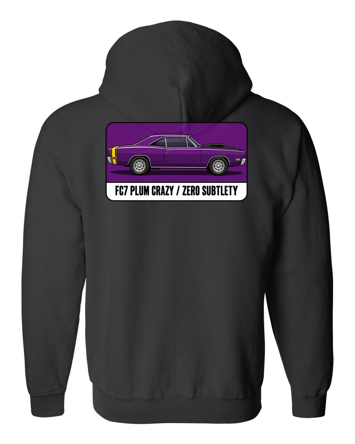 Pantone-style swatch print of a 1969 Dodge Coronet Super Bee in Plum Crazy black zip hoodie back view with the design