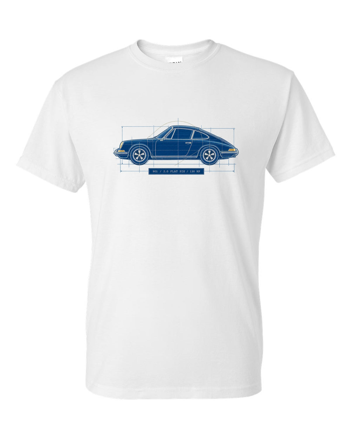 Porsche 911 901 1964 Cyanotype Blueprint Profile white t-shirt front view with the design