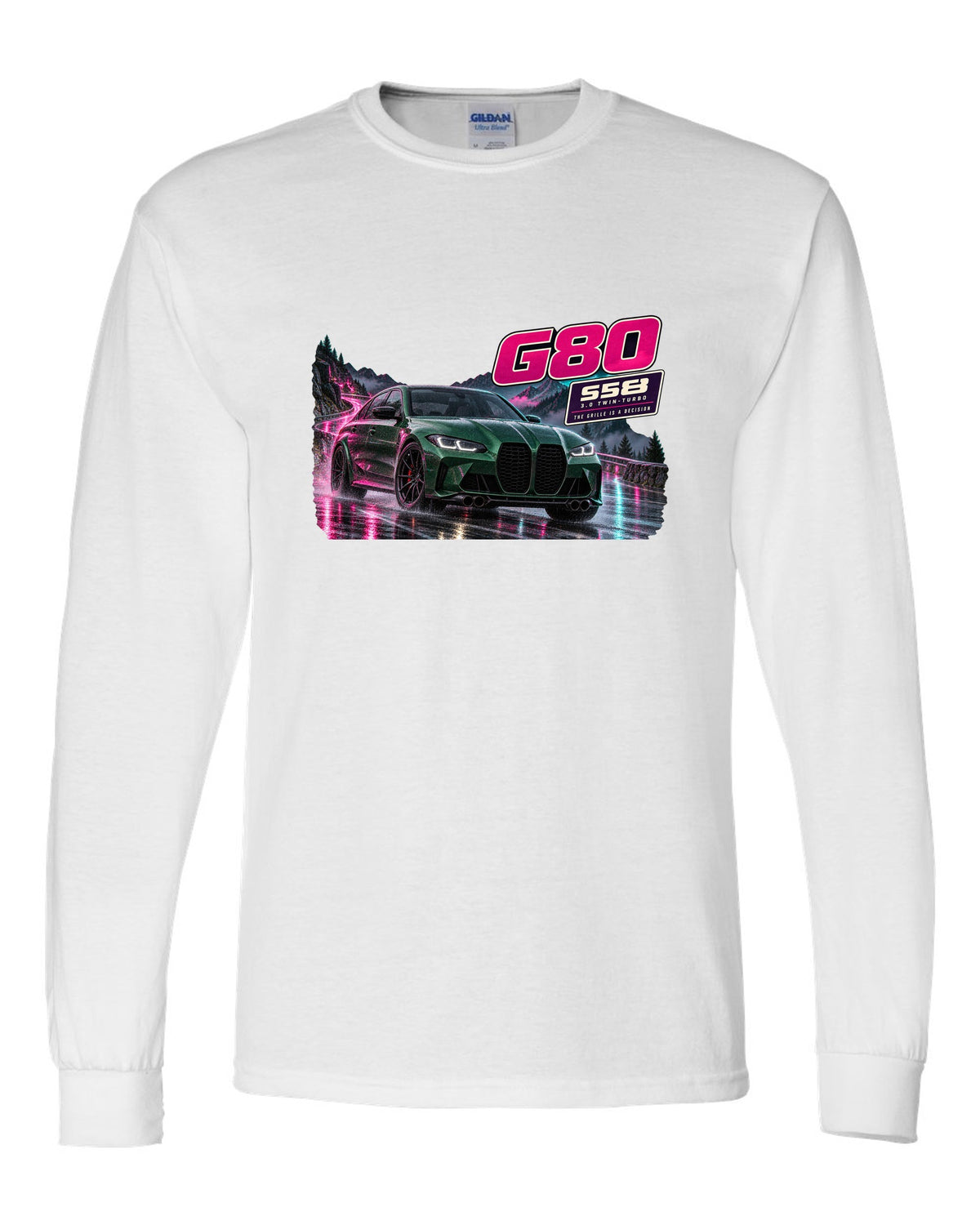 Touge night street print of an Isle of Man green BMW M3 Competition G80 white long sleeve front view with the design