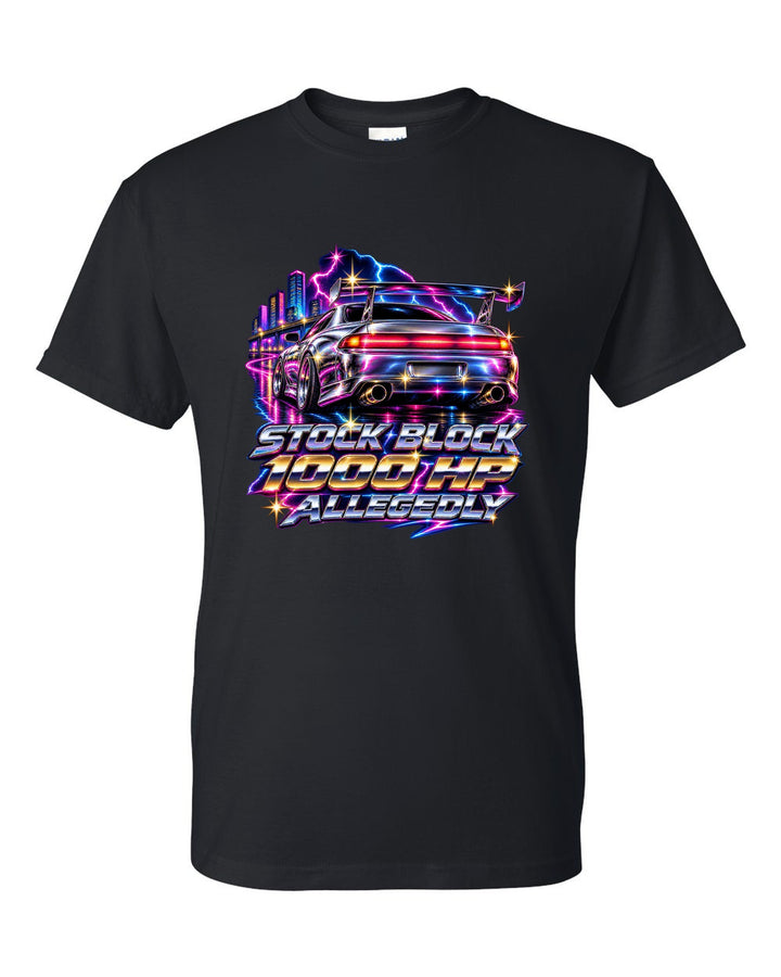 80s airbrush chrome print of a 1993 Toyota Supra JZA80 with Stock Block 1000 HP Allegedly lettering black t-shirt front view with the design