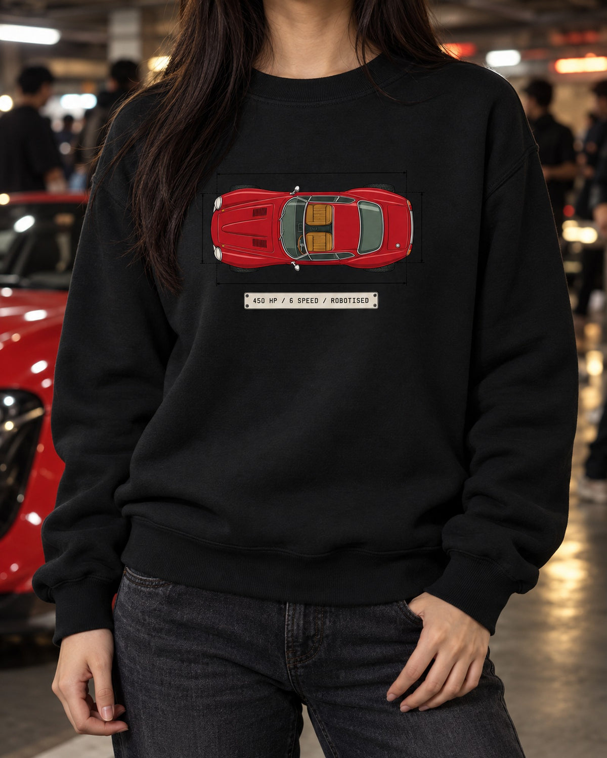 Alfa Romeo 8C Competizione Spec Sheet Tee, Robotised Gearbox Crewneck Black worn hero