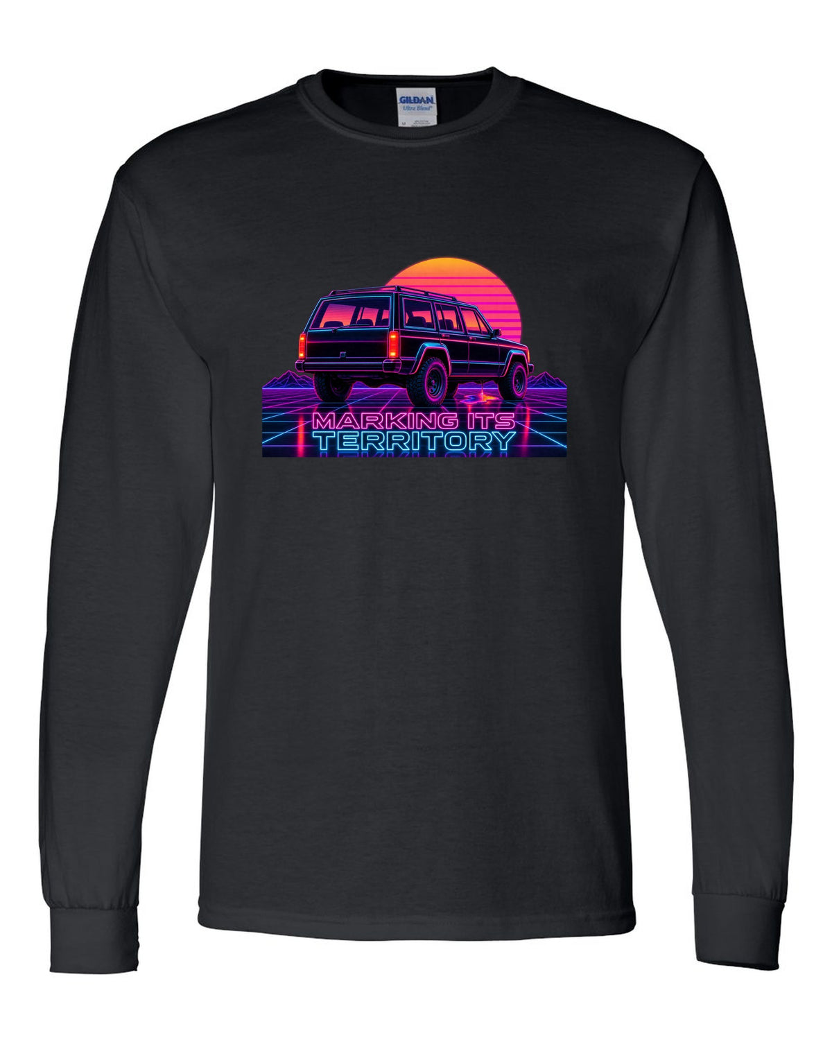Neon synthwave print of a Jeep Cherokee XJ with the words Marking Its Territory black long sleeve front view with the design