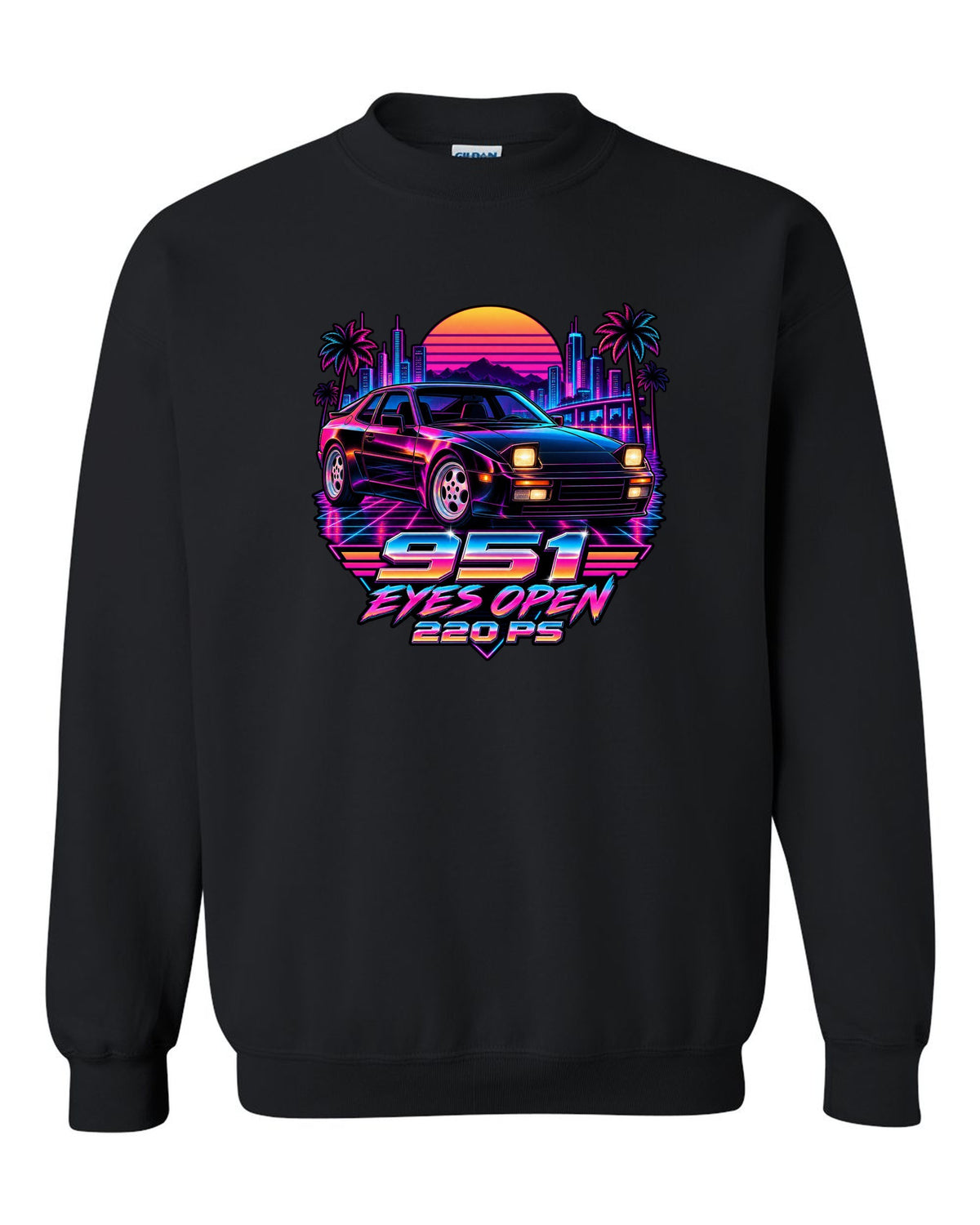 Synthwave neon Porsche 944 Turbo 951 with pop-up headlights open black crewneck front view with the design