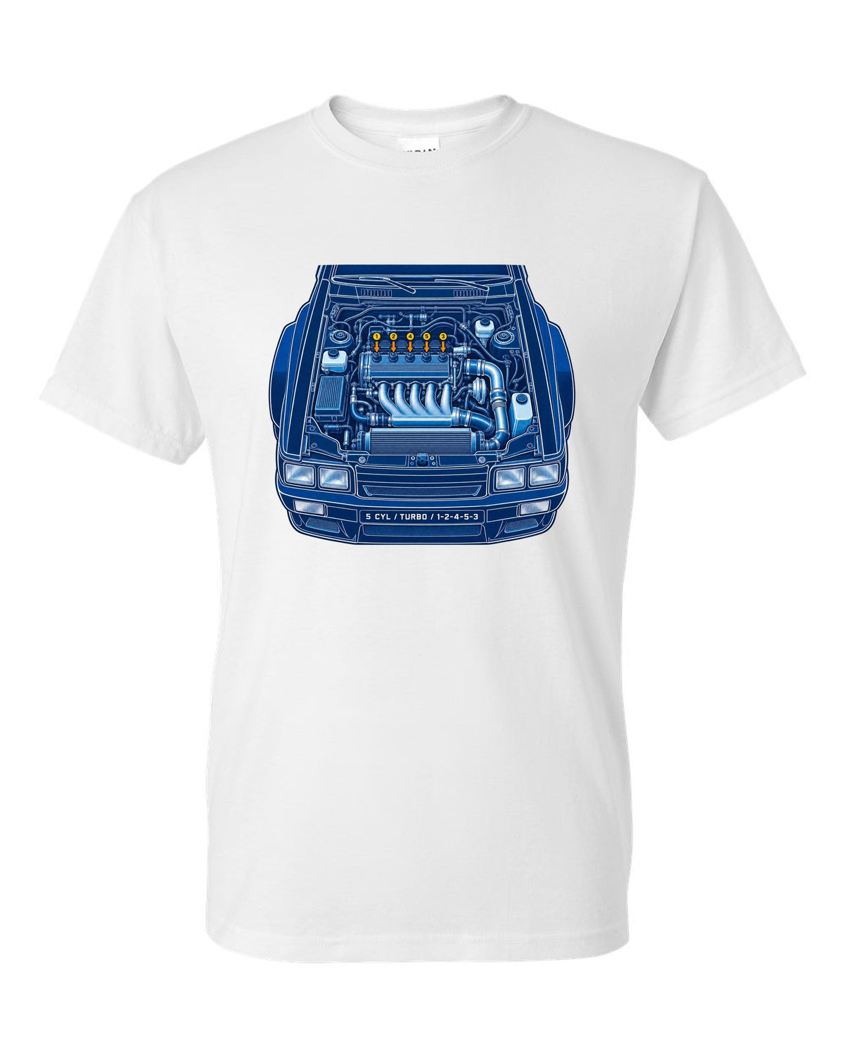 Cyanotype blueprint print of an Audi Ur-Quattro Type 85 with firing order text white t-shirt front view with the design