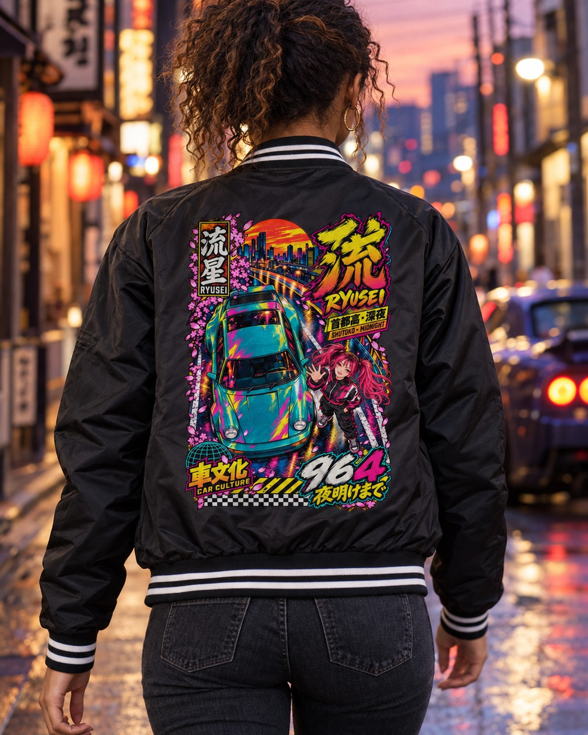 RYUSEI 964 Anime Girl Full-Back Graphic Tee Bomber Jacket Black worn hero