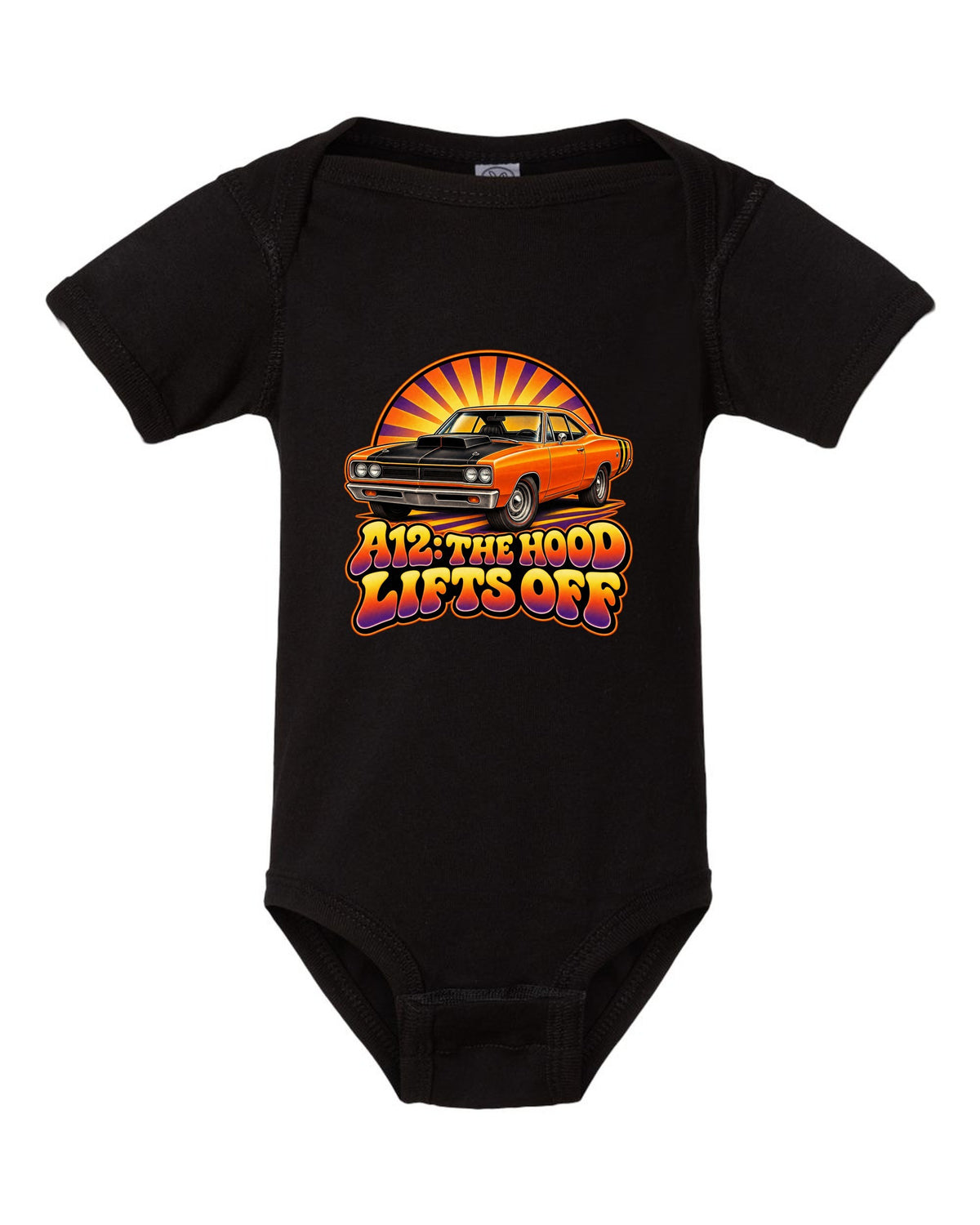 Retro 70s airbrush sunburst design with a 1969 Dodge Coronet Super Bee A12 and lift-off hood text black baby onesie front view with the design