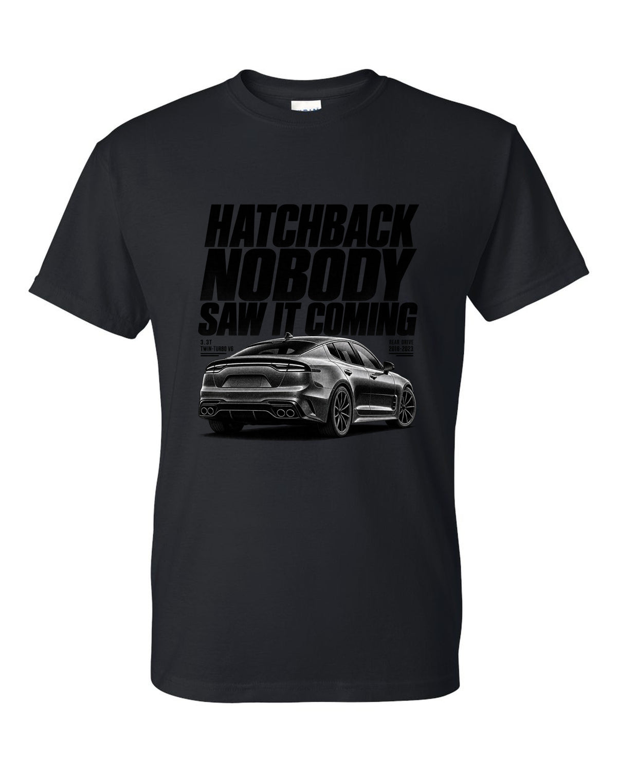 Halftone print of a Kia Stinger GT CK rear three-quarter low angle with chback text black t-shirt front view with the design