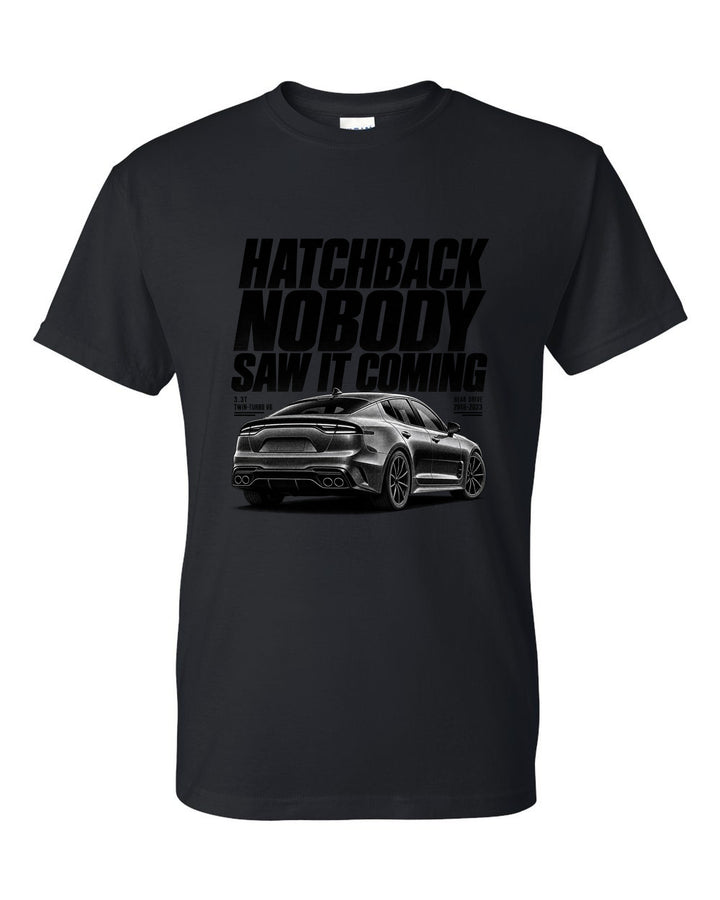 Halftone print of a Kia Stinger GT CK rear three-quarter low angle with chback text black t-shirt front view with the design