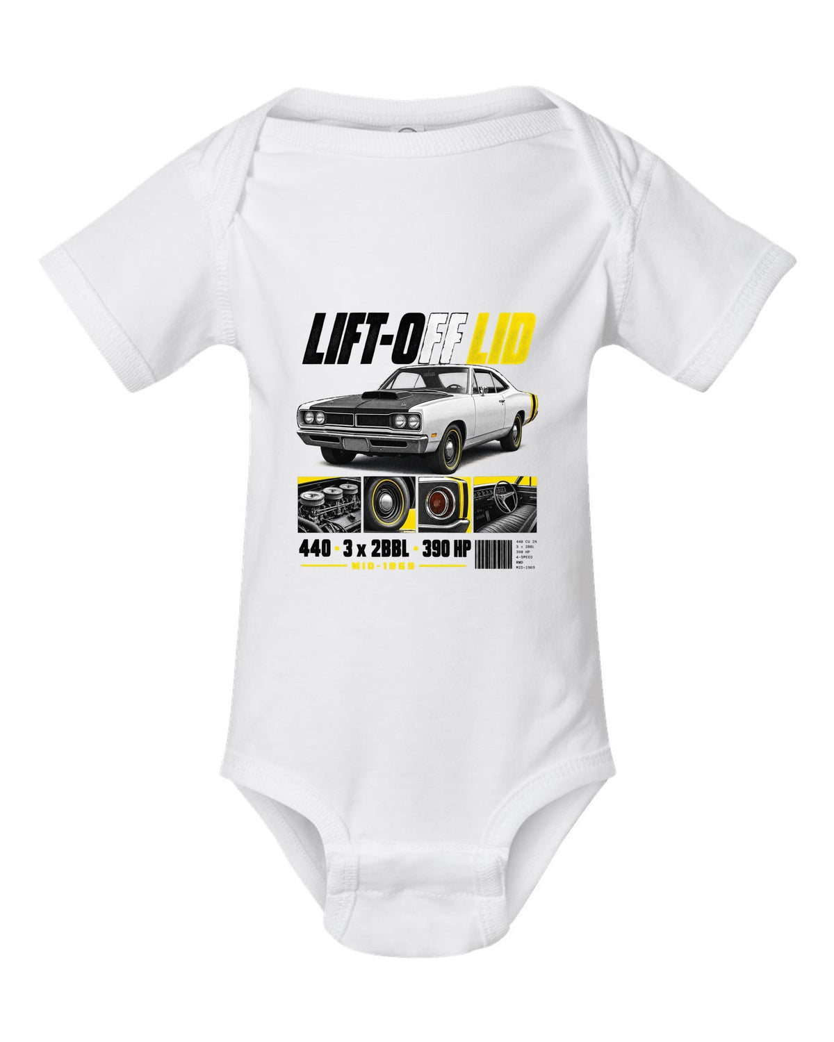 1969 Dodge Coronet Super Bee A12 dossier panel print with lift-off lid and 440 lettering white baby onesie front view with the design