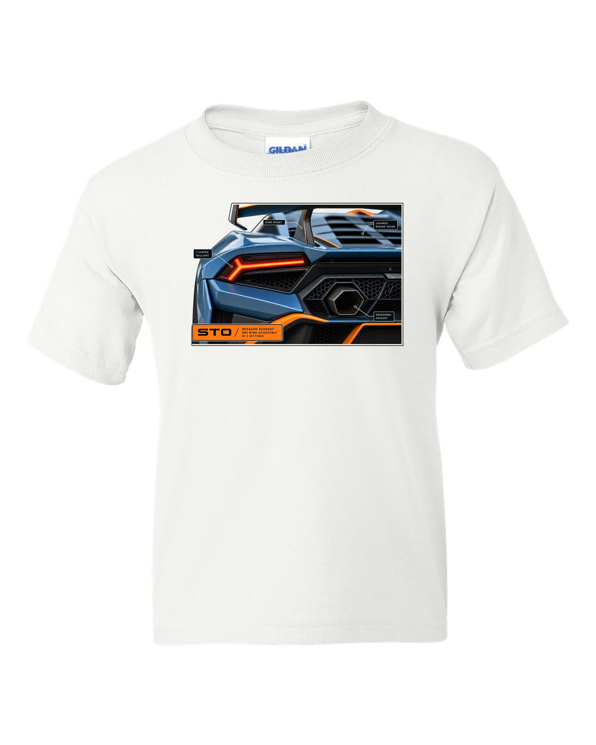 Taillight and hexagon exhaust macro print of the Lamborghini Huracan STO white kids tee front view with the design