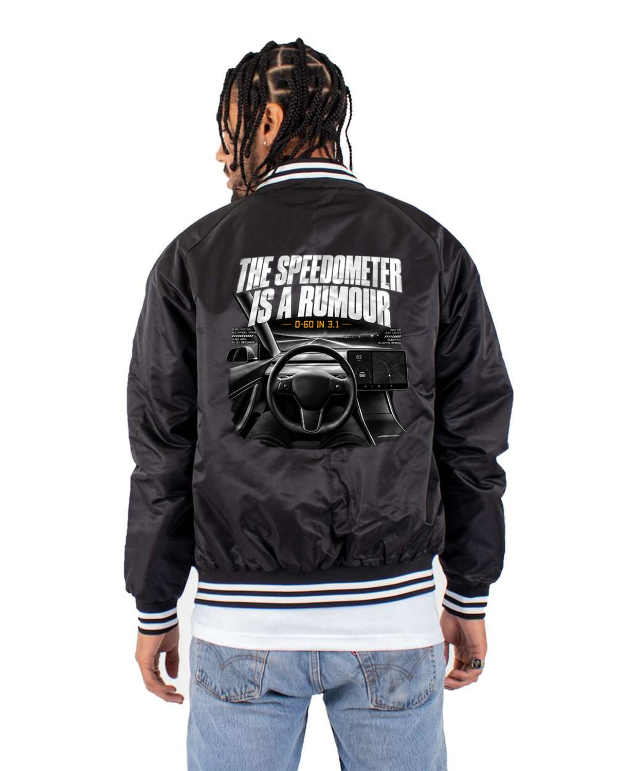 Tesla Model 3 Cockpit Gauge Shirt, EV Car Guy Gift Bomber Jacket Black back