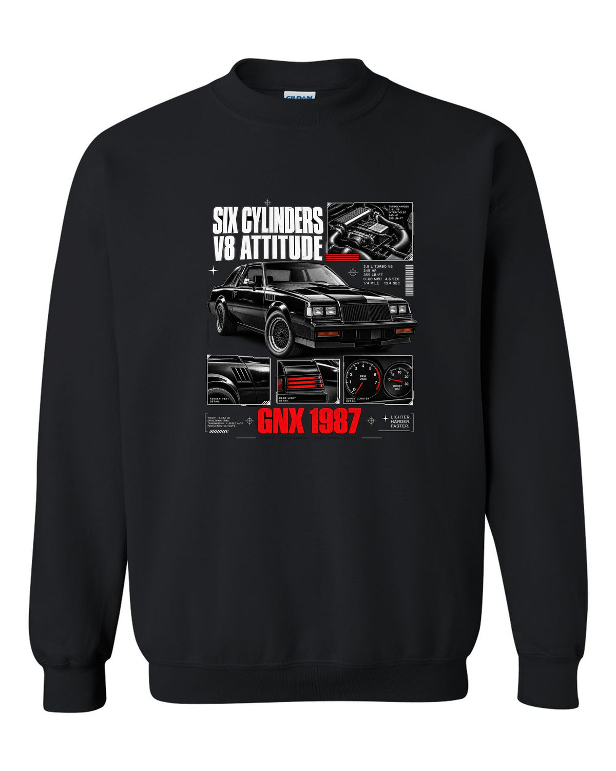 print dossier panels of a 1987 Buick GNX with six cylinders V8 attitude lettering black crewneck front view with the design