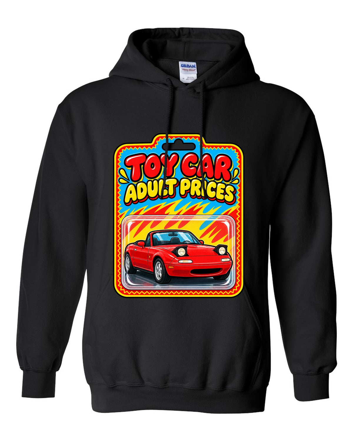 Toy car blister card style illustration of a Mazda MX-5 NA with adult prices text black pull over hoodie front view with the design