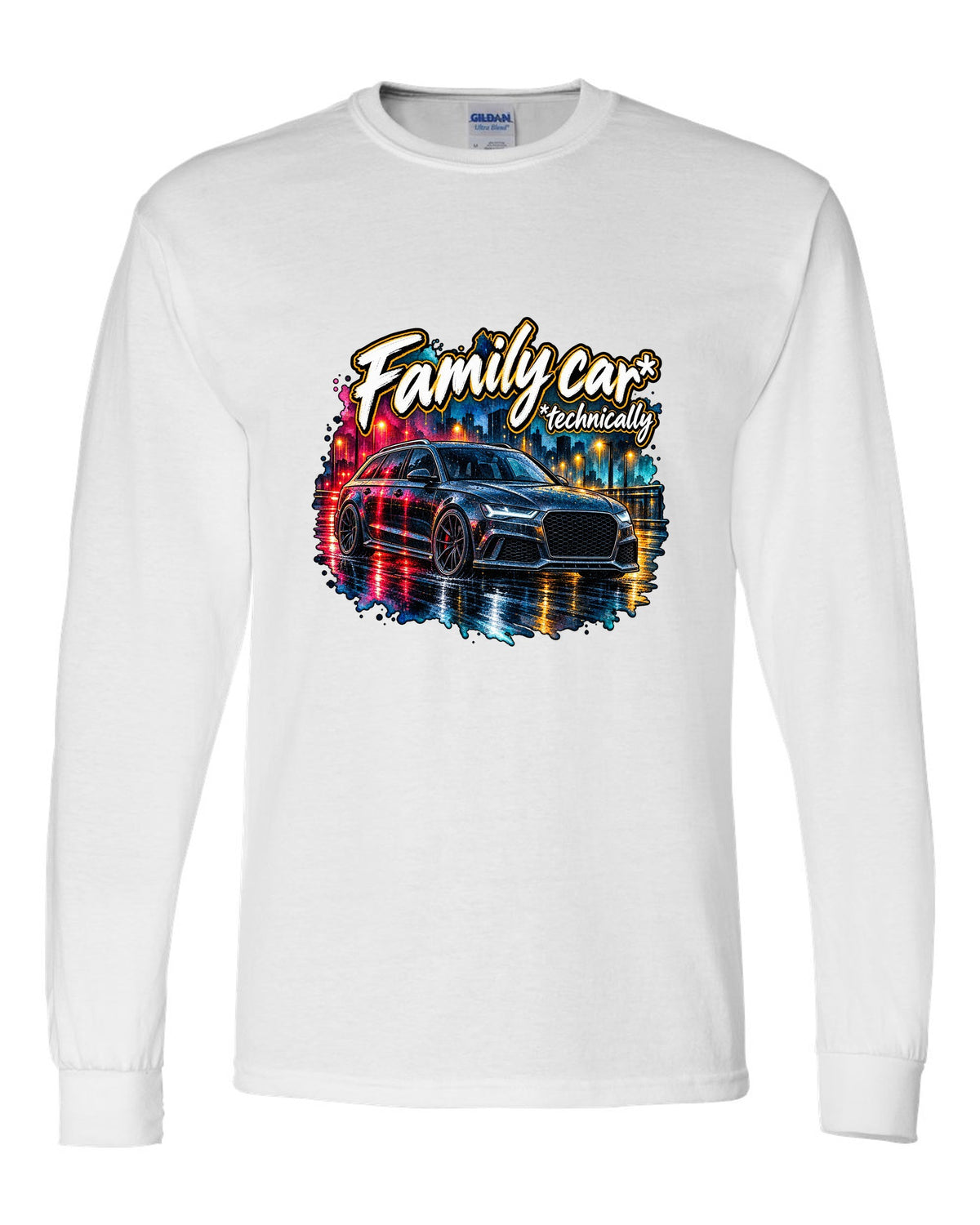 Watercolour wet-road night design of the Audi RS6 Avant C7 4G with family car technically lettering white long sleeve front view with the design
