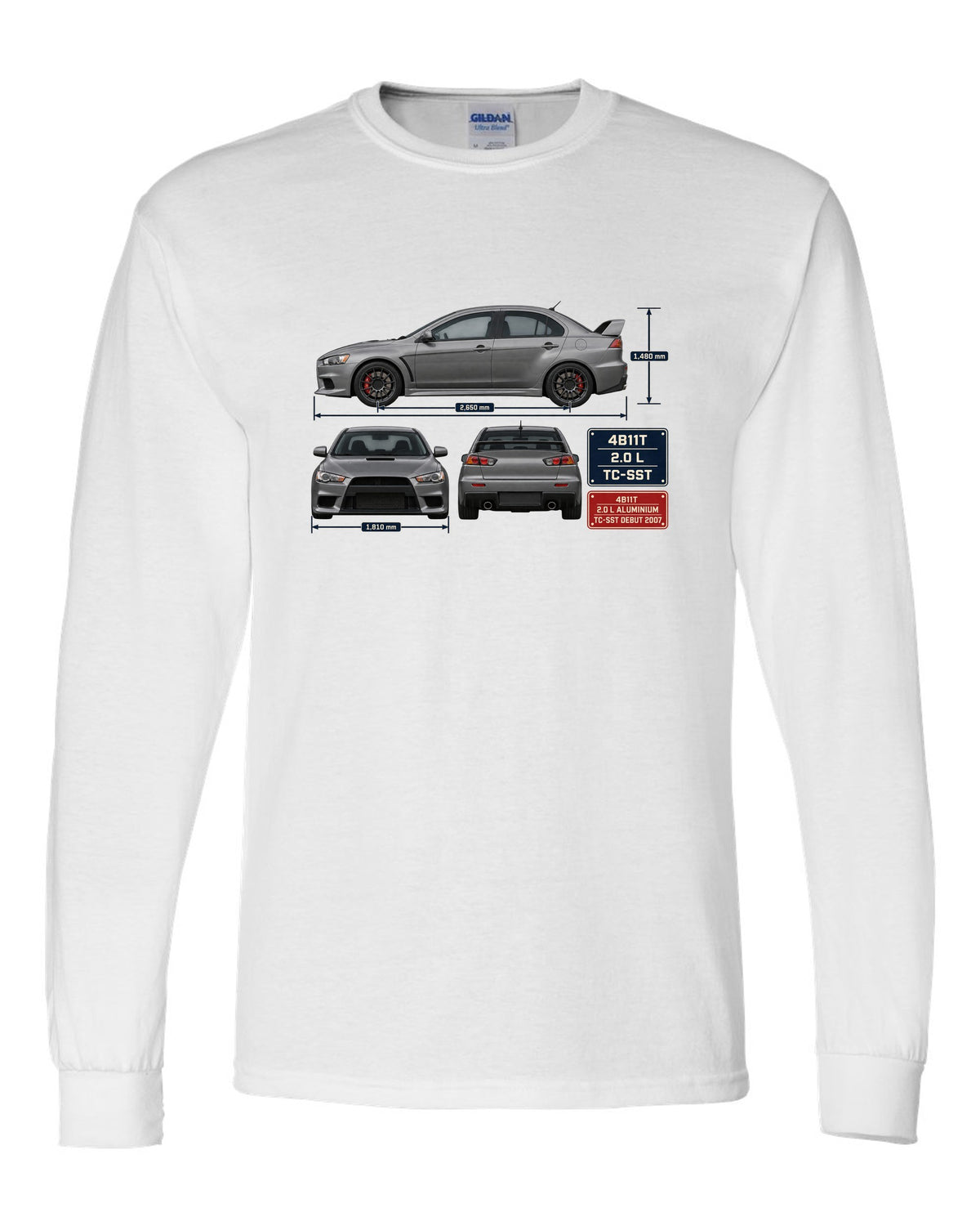 Evo X GSR Three-View Spec Table Tee, Mitsubishi Lancer white long sleeve front view with the design