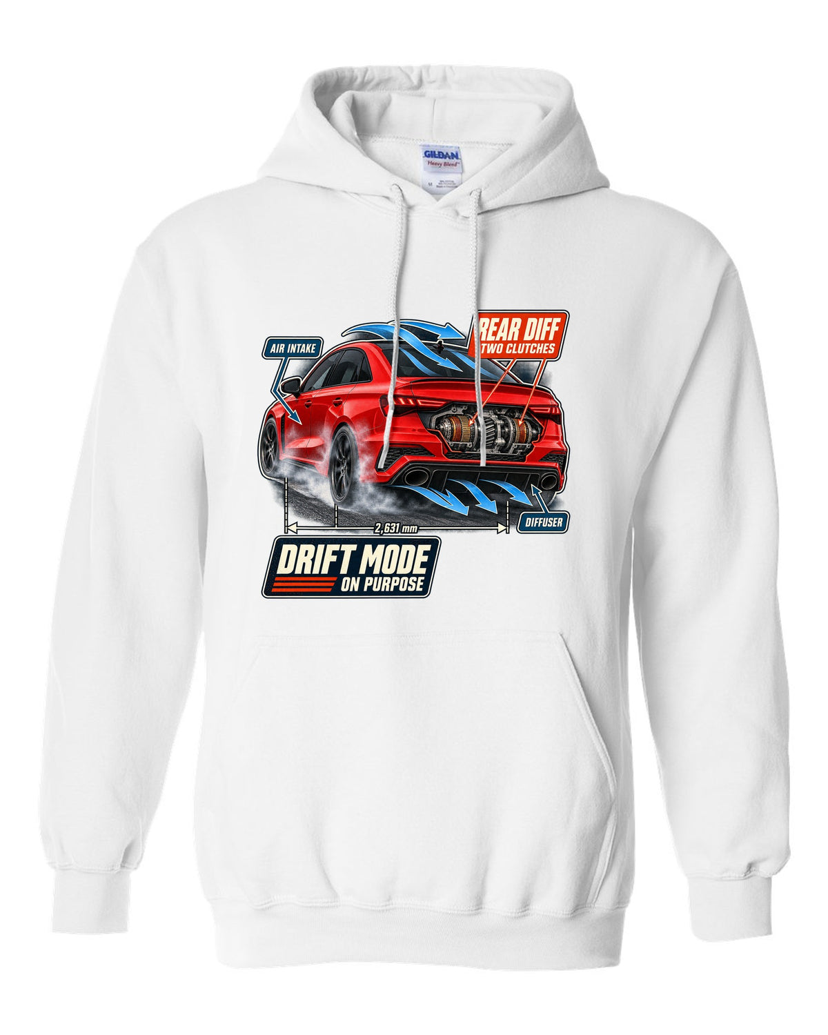 Cutaway callouts on an Audi RS3 8Y sedan showing rear diff and two clutches white pull over hoodie front view with the design