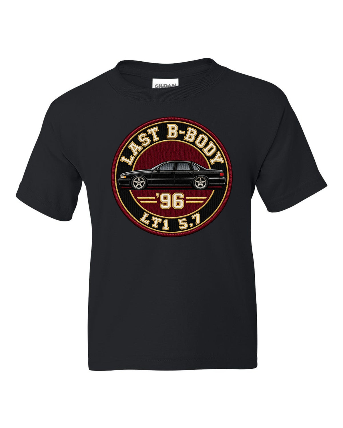Varsity crest print for the 1996 Chevrolet Impala SS reading Last B-Body, '96, LT1 5.7 black kids tee front view with the design