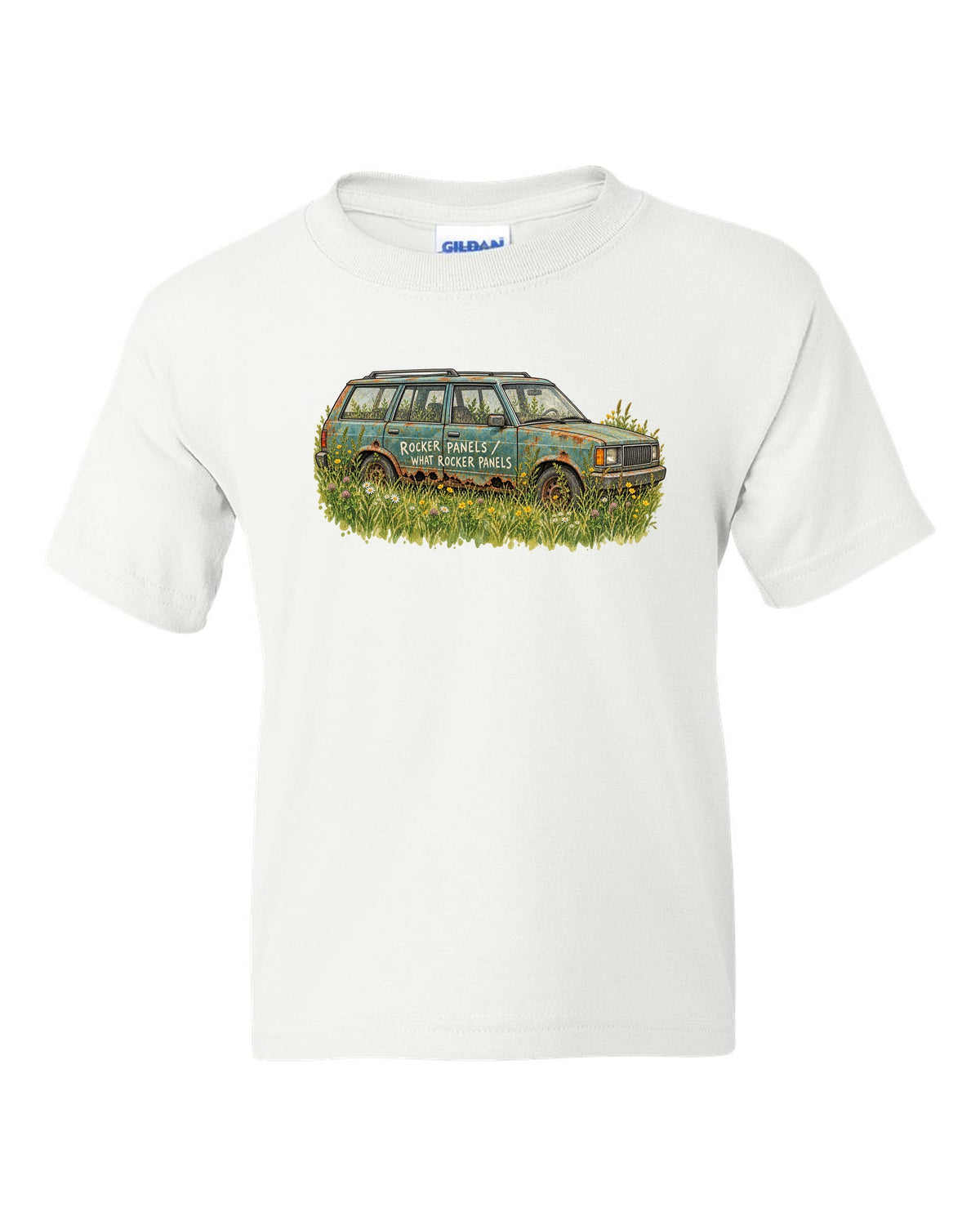 Watercolour print of a Jeep Cherokee XJ in a meadow with a rocker panel joke white kids tee front view with the design