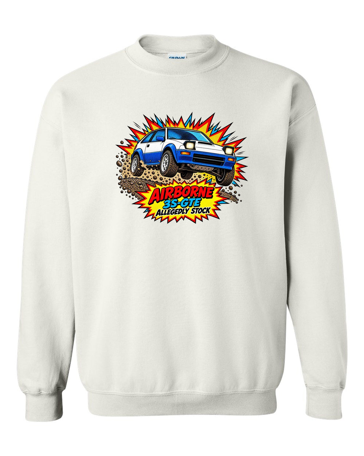 Comic halftone pop art of a Toyota Celica GT-Four ST165 jumping on gravel white crewneck front view with the design