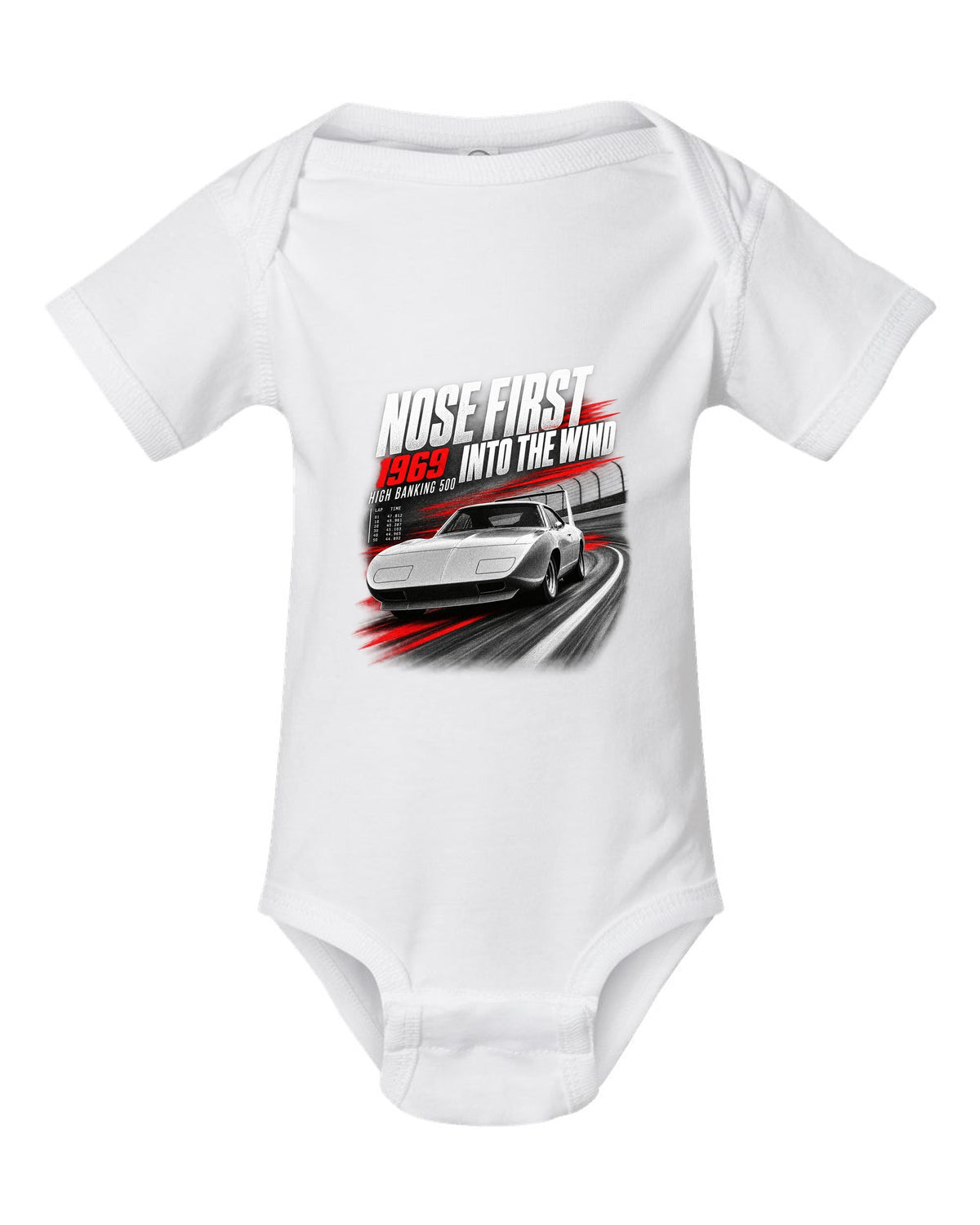 1969 Dodge Charger Daytona race poster print with nose first into the wind lettering white baby onesie front view with the design