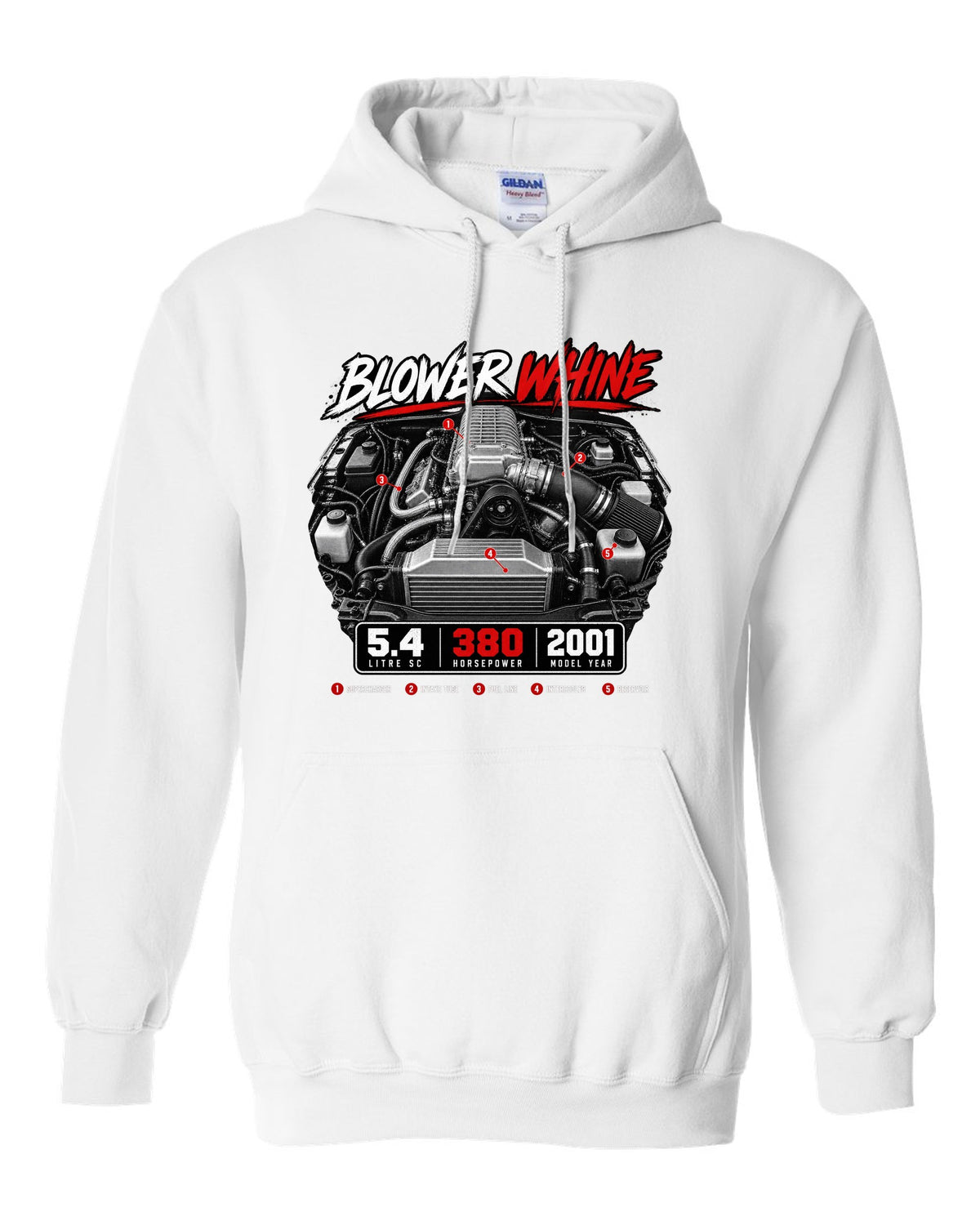 Ford F-150 SVT Lightning 1999-2004 engine hero print with blower whine and 5.4 SC white pull over hoodie front view with the design