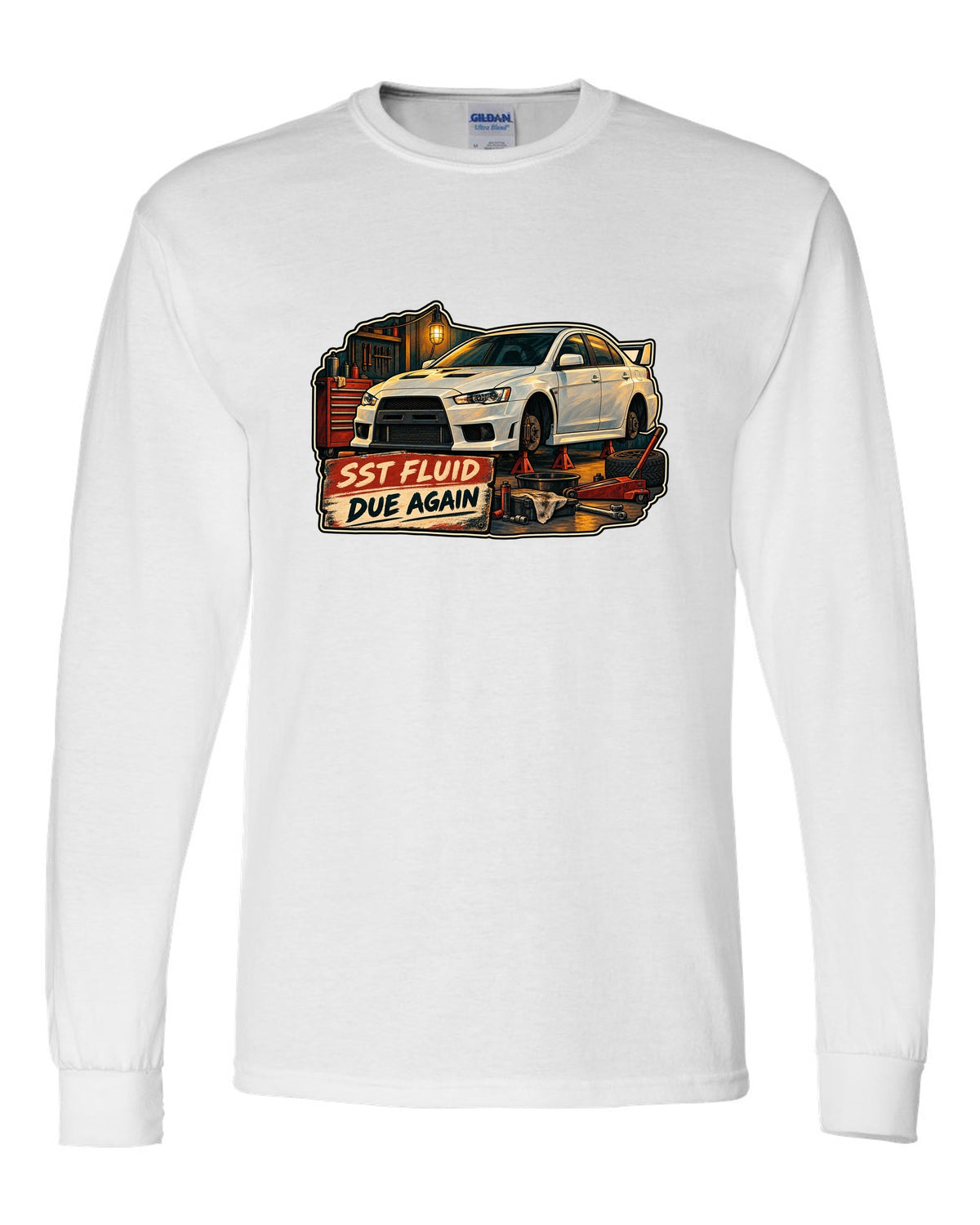 Gouache garage illustration print of the Mitsubishi Evo X CZ4A with SST fluid due again text white long sleeve front view with the design