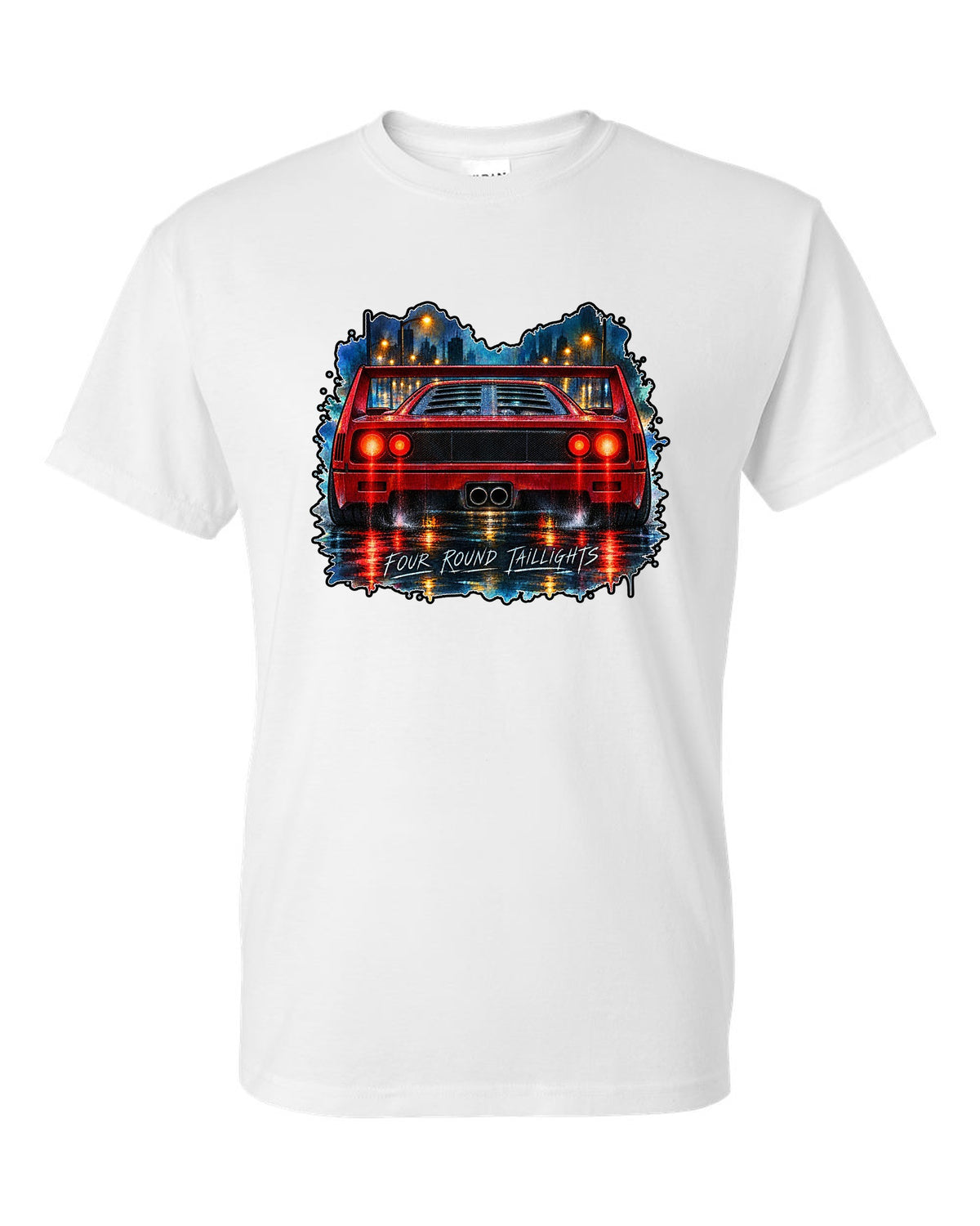 Watercolour wet-road night print of the rear of a 1987 Ferrari F40 F120 with four round taillights text white t-shirt front view with the design