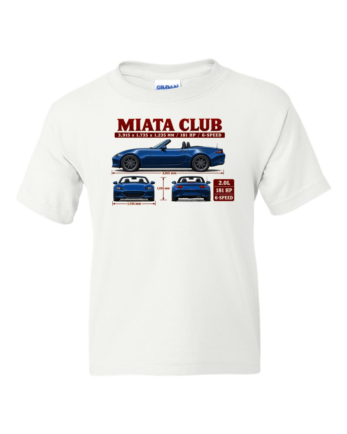 Three-view drawing and spec table of a 2019 Mazda MX-5 ND Club in Eternal Blue white kids tee front view with the design