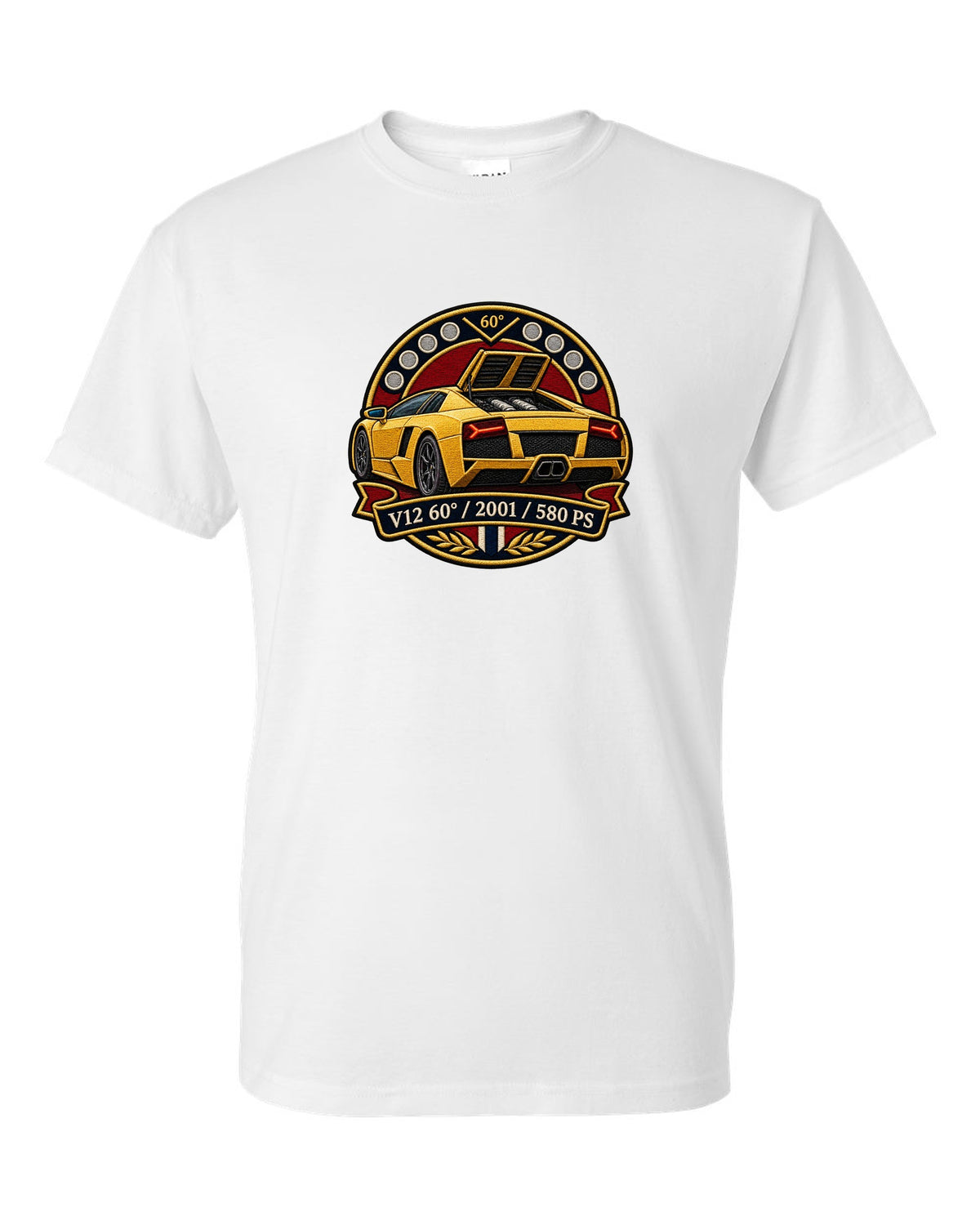 Embroidery-style varsity crest design of a 2001 Lamborghini Murcielago with V12 and 580 PS text white t-shirt front view with the design