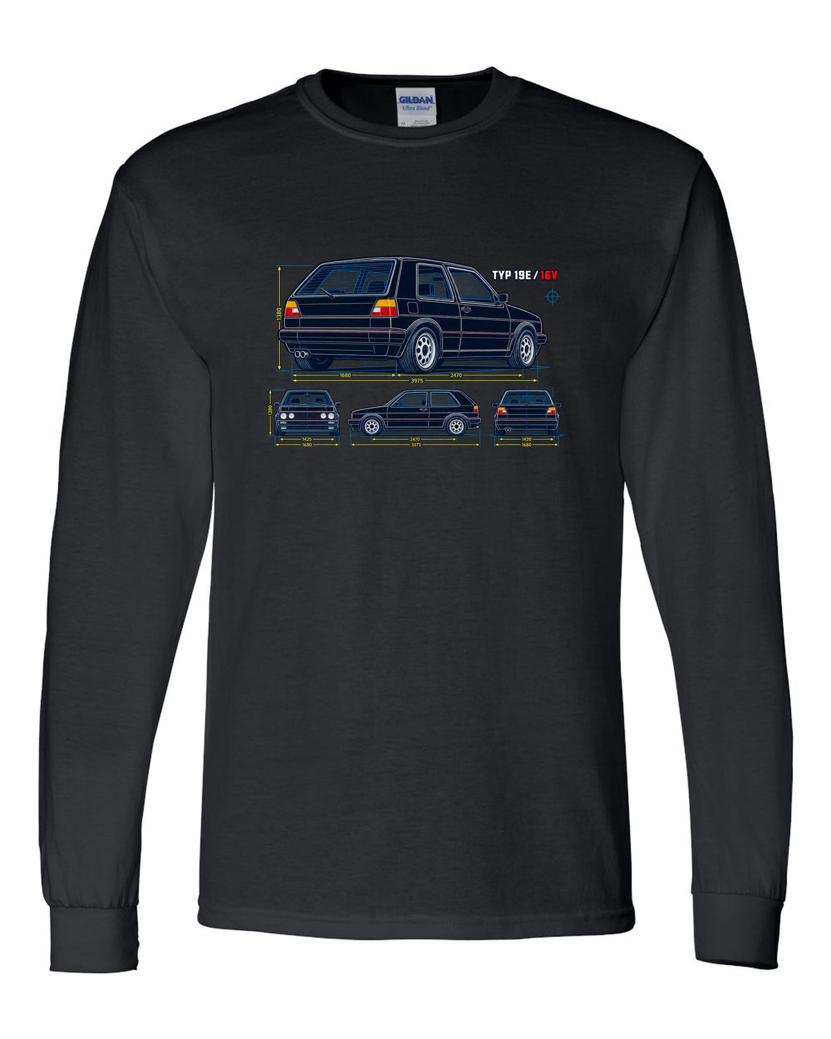 Blueprint line art print of a VW Golf Mk2 GTI 16V with Typ 19E text black long sleeve front view with the design
