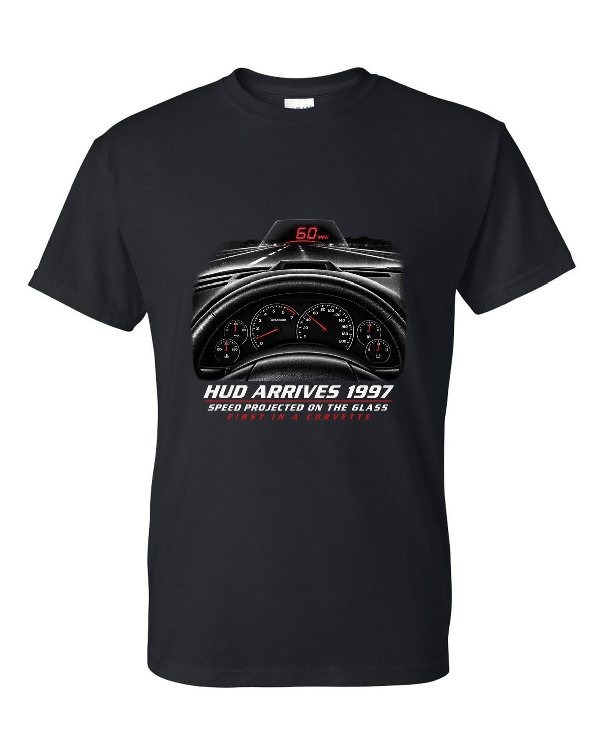 Corvette C5 heads-up display and gauge cluster print black t-shirt front view with the design