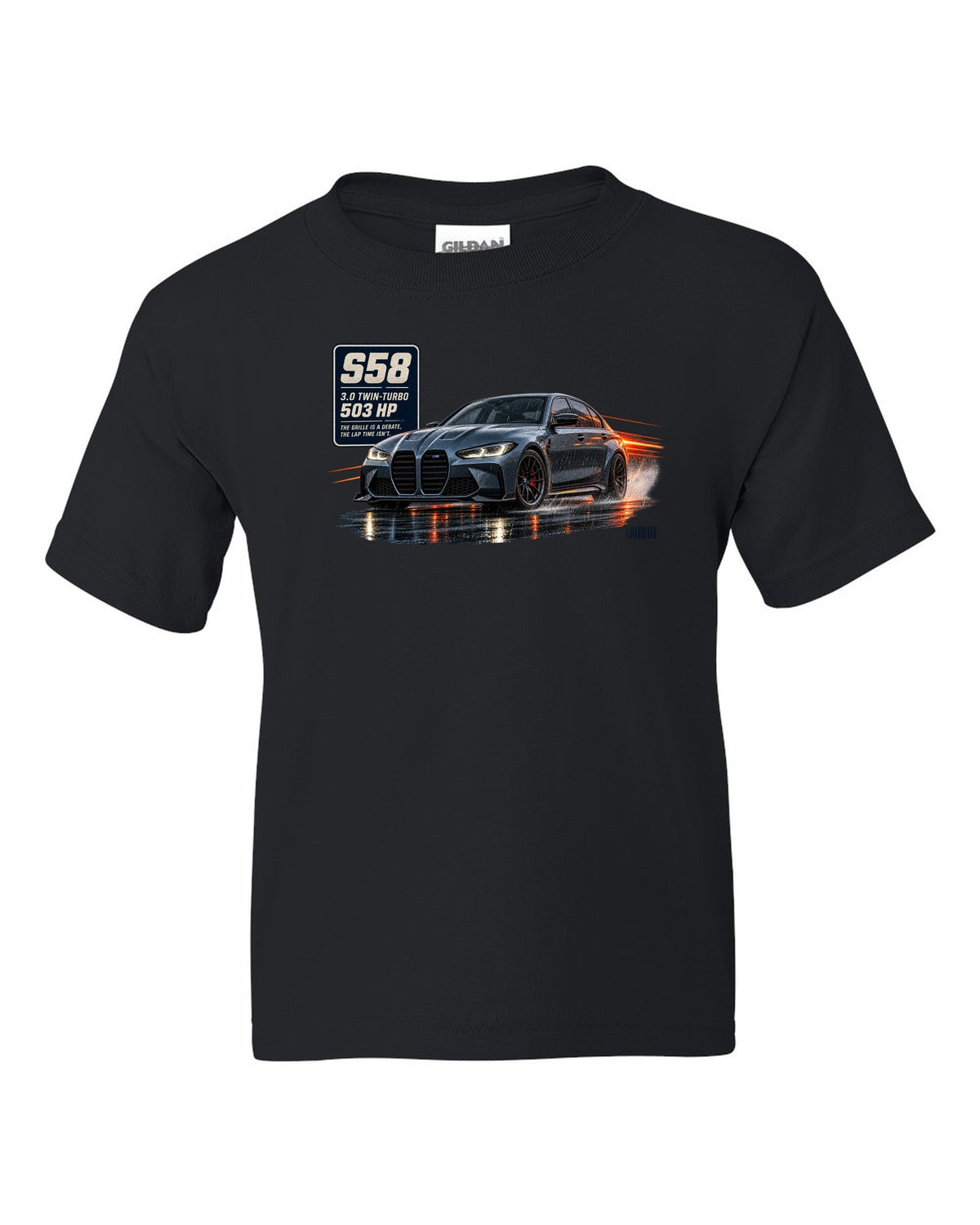 print of a BMW M3 Competition G80 on a night touge road in blue-grey black kids tee front view with the design