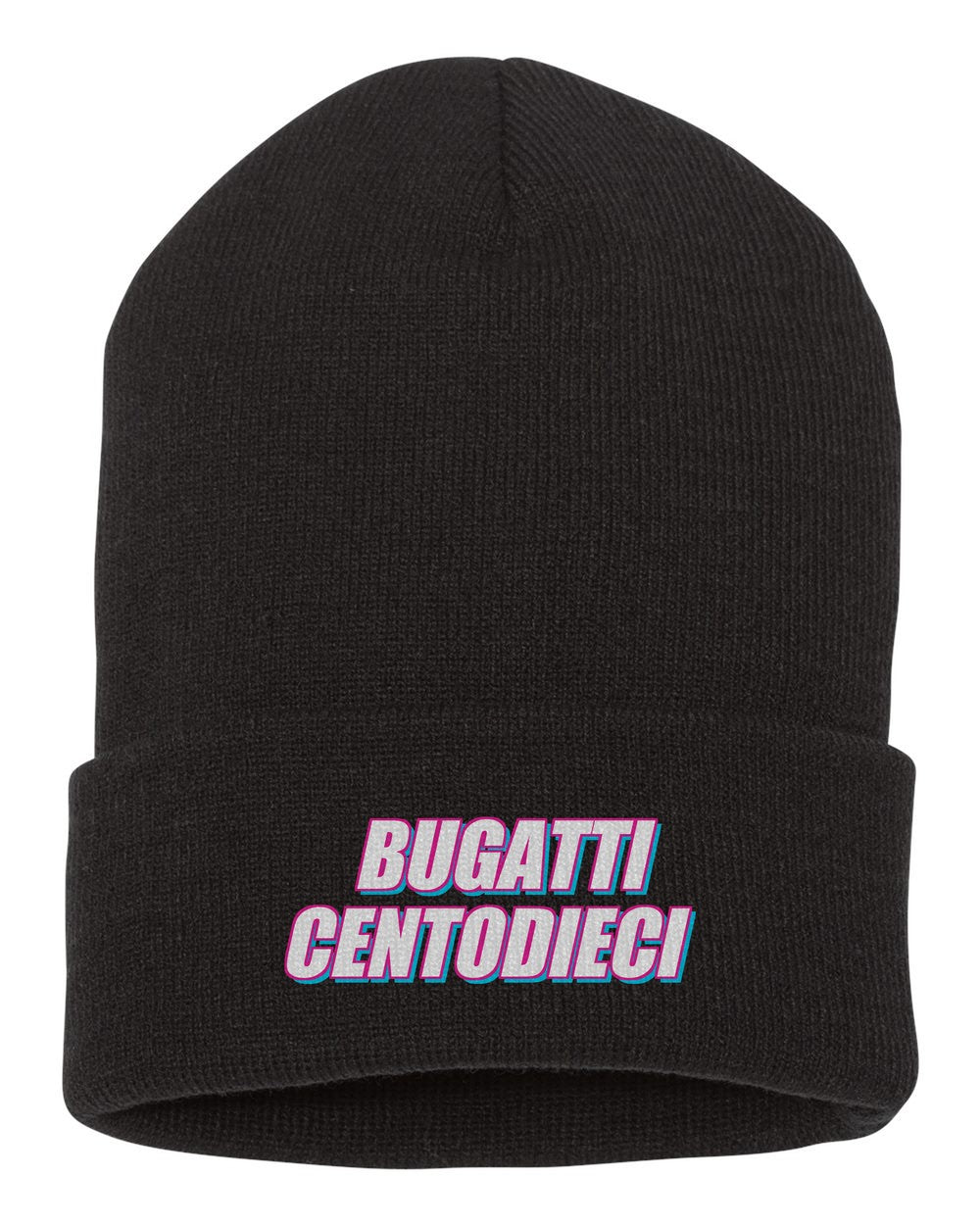 Bugatti Centodieci black beanie front view with car name