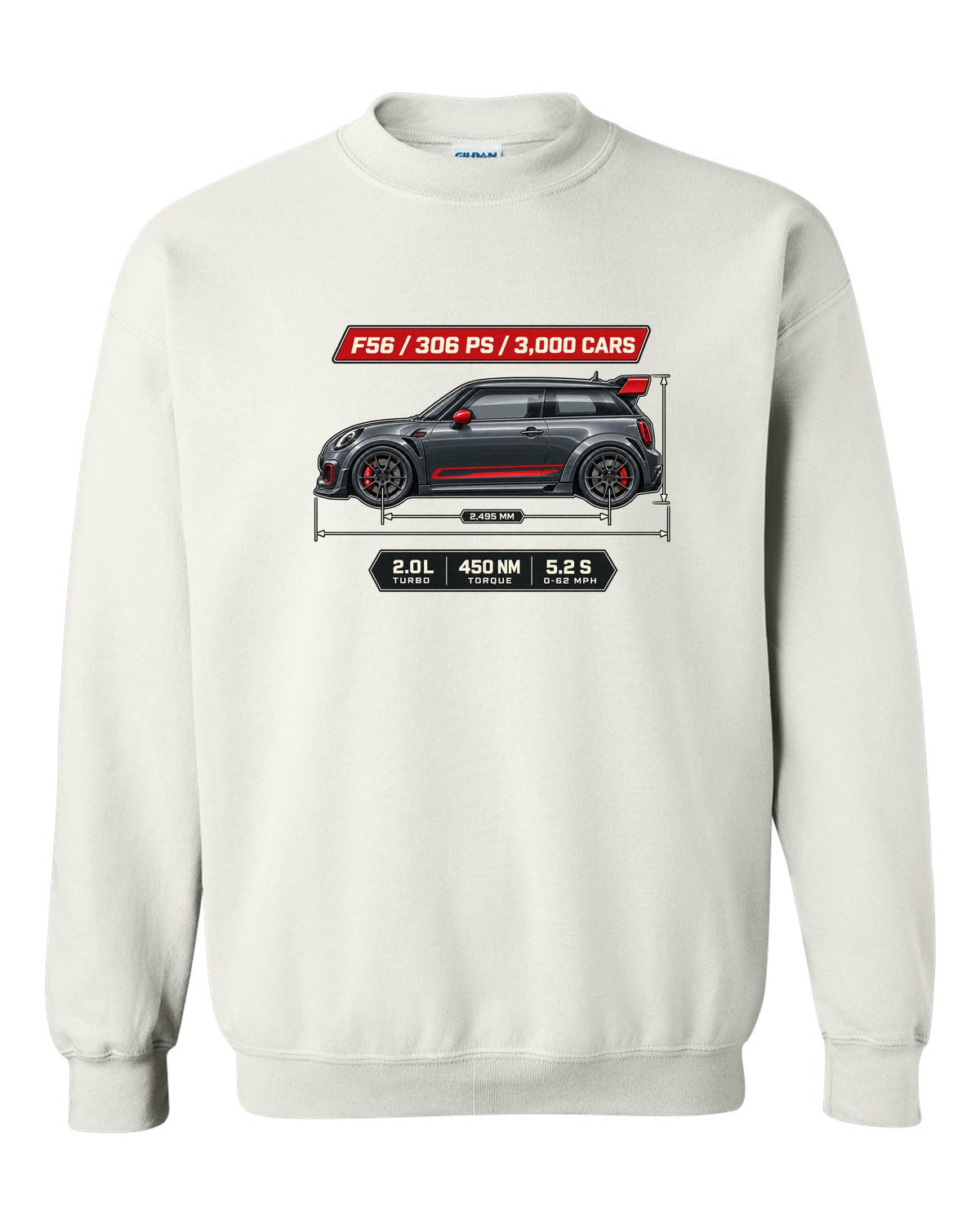 Dimension blueprint print of the Mini JCW GP F56 2020 with 306 PS and 3,000 cars text white crewneck front view with the design