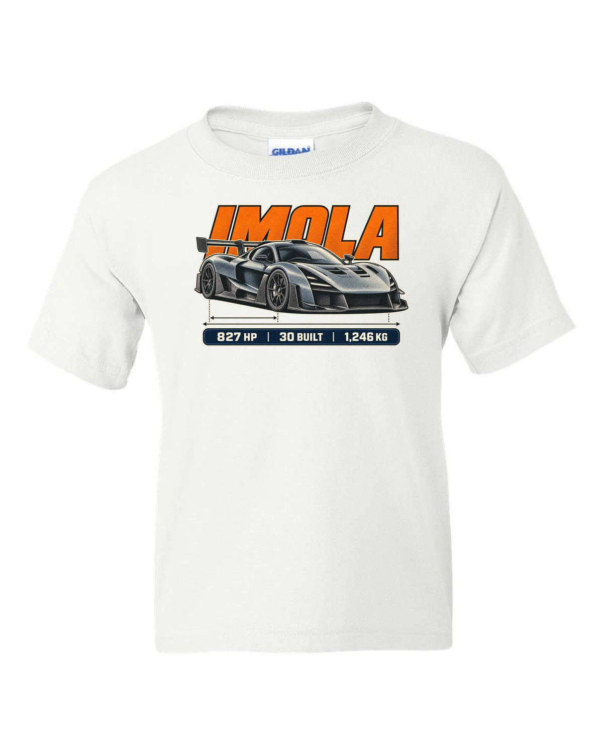 Halftone print of the Pagani Huayra Imola with the text Imola, 827 hp, 30 built, 1,246 kg white kids tee front view with the design