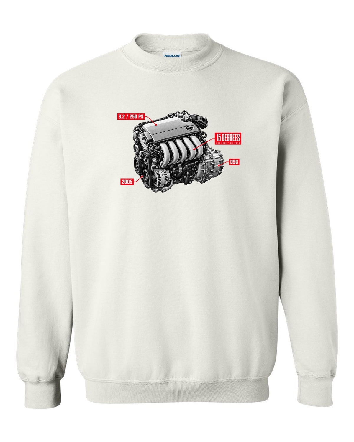 VW Golf R32 Mk5 2005 VR6 engine hero design with 15 degrees one head text white crewneck front view with the design