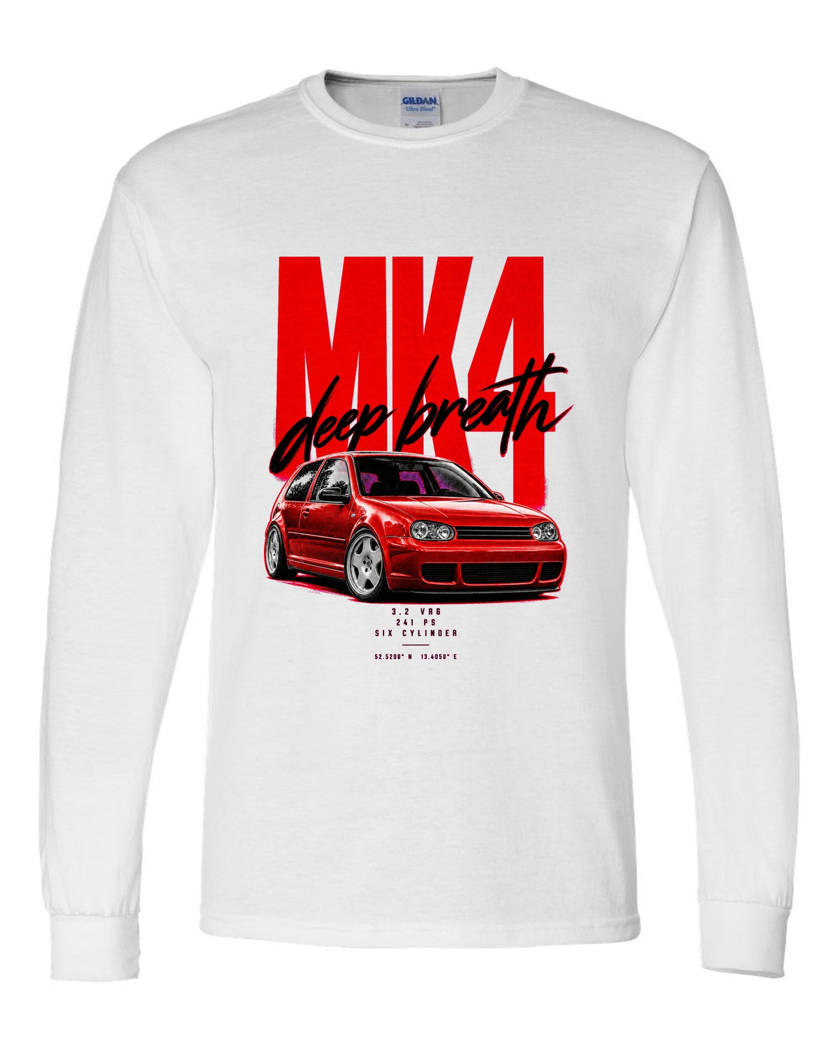 VW Golf R32 Mk4 2002 front three-quarter street poster with 241 PS text white long sleeve front view with the design