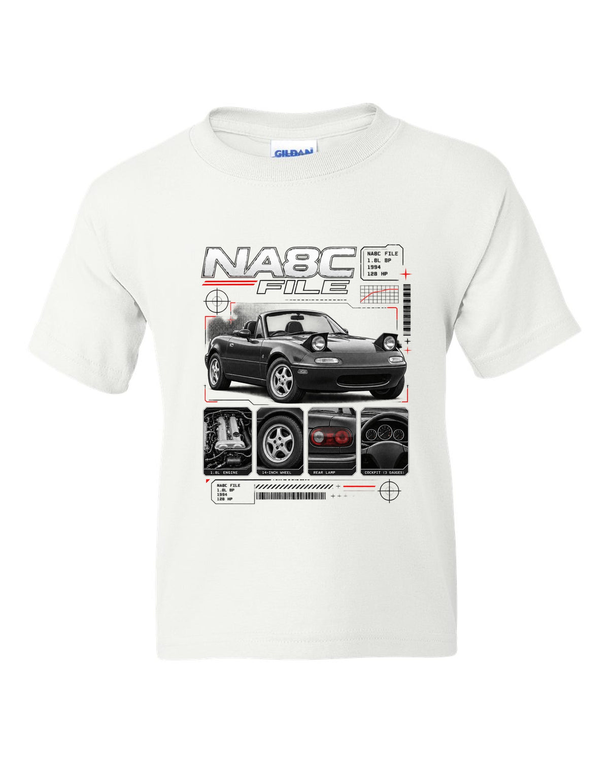 Dossier panel print of a Mazda MX-5 NA Eunos Roadster with NA8C spec lettering white kids tee front view with the design