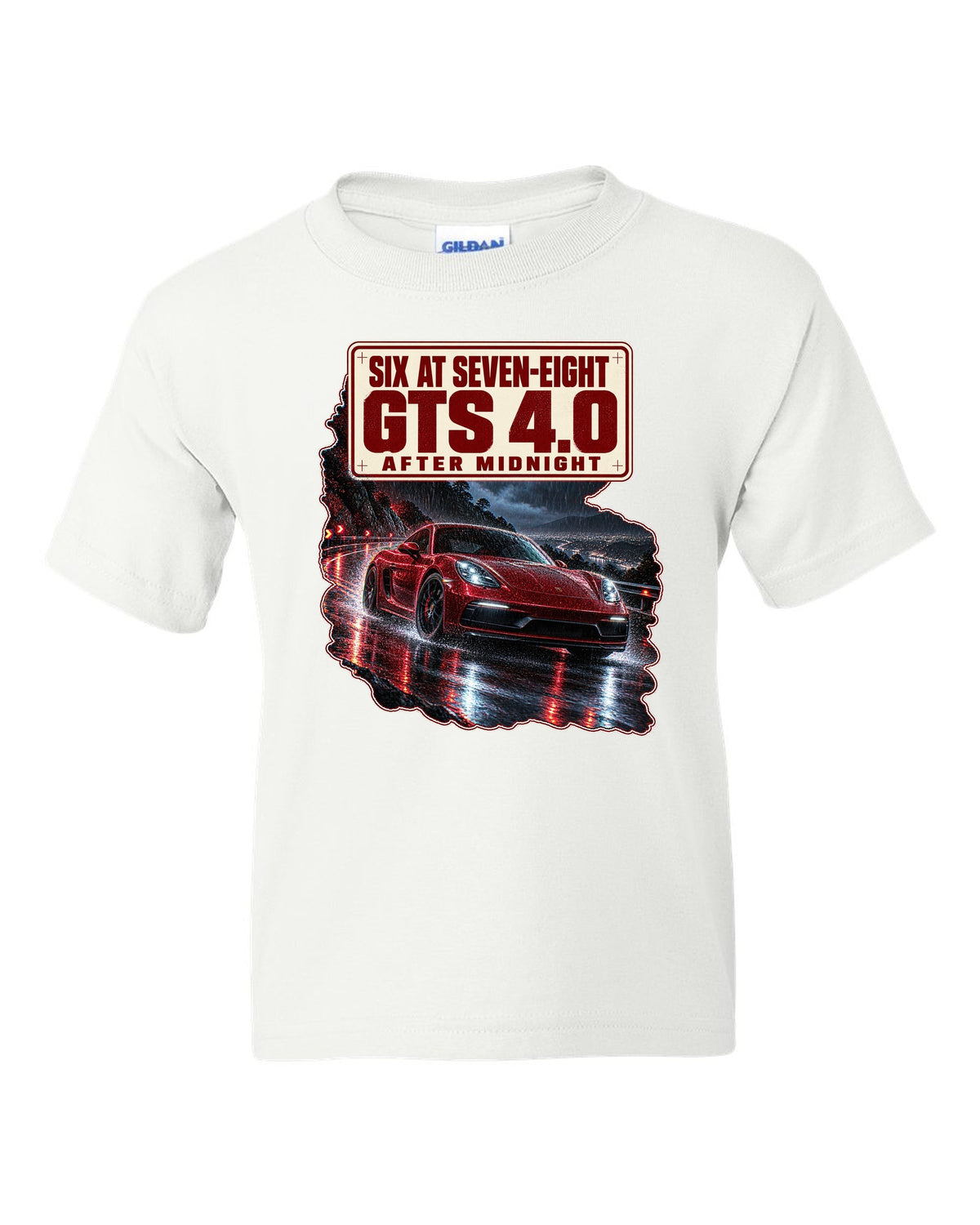 Night street print of a Porsche 718 Cayman GTS 4.0 982 with six at seven-eight text white kids tee front view with the design