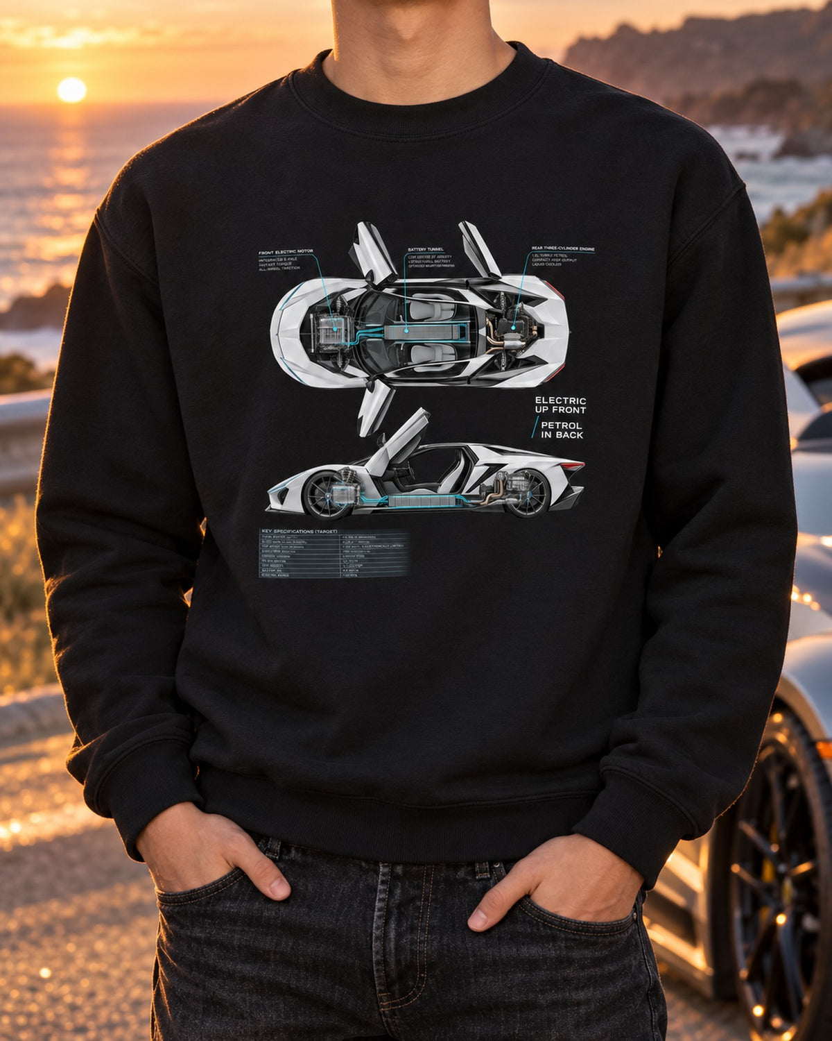 BMW i8 I12 Spec Poster Shirt, Electric Front Petrol Rear Crewneck Black worn hero