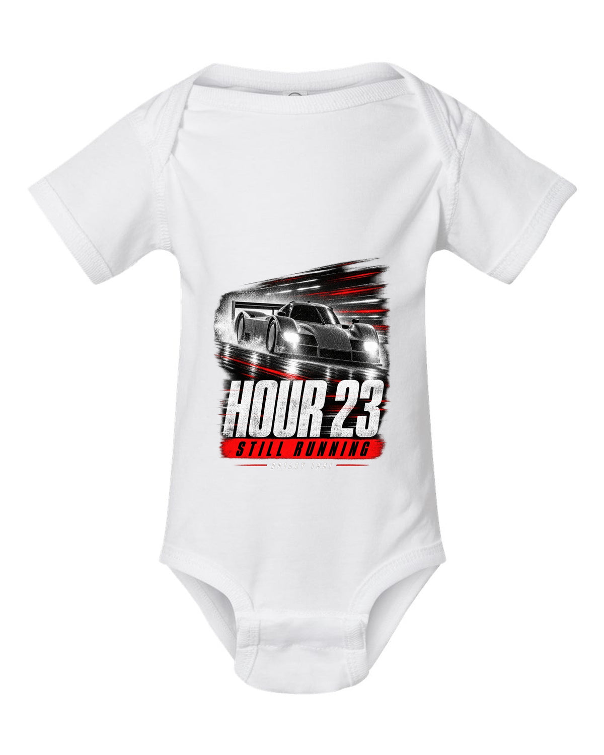 Cropped Mazda 787B race poster reading hour 23 still running rotary 1991 white baby onesie front view with the design