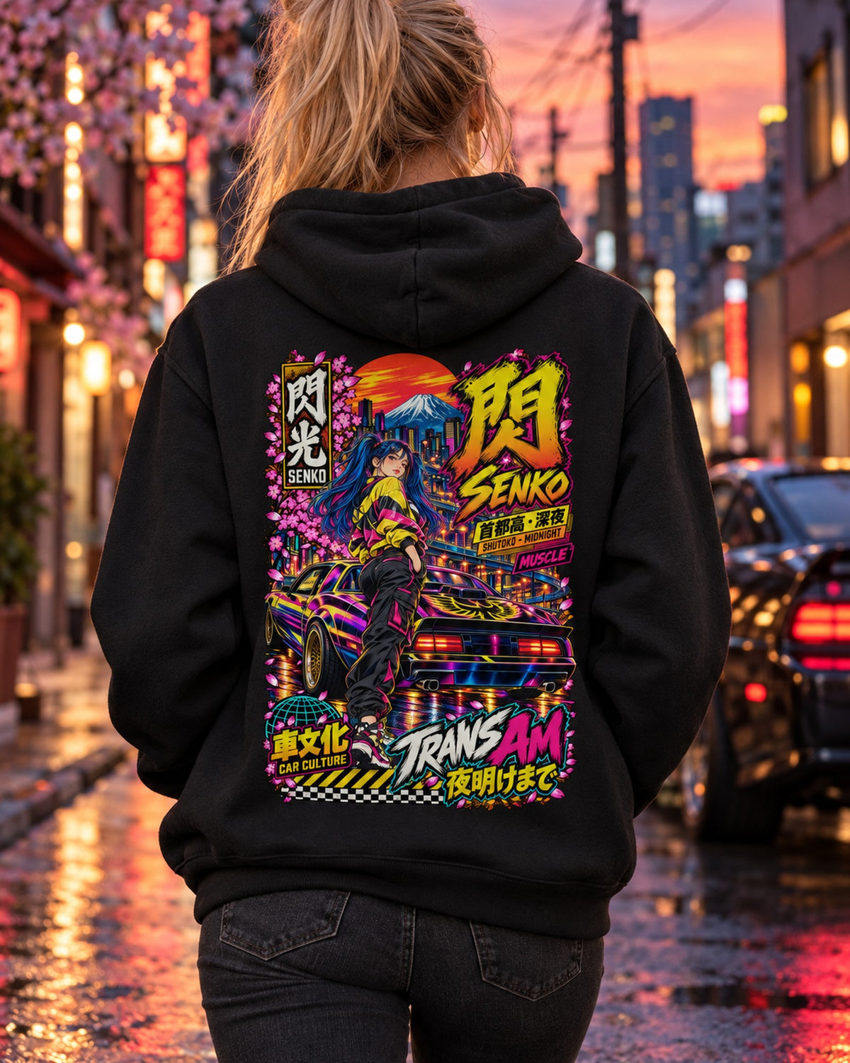 SENKO TRANS AM Anime Girl Full-Back Graphic Tee Pull Over Hoodie Black worn hero