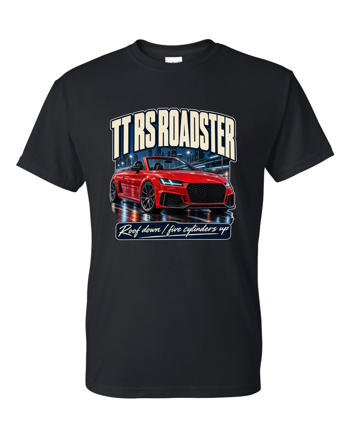 Audi TT RS Roadster 8S street poster print, roof down black t-shirt front view with the design