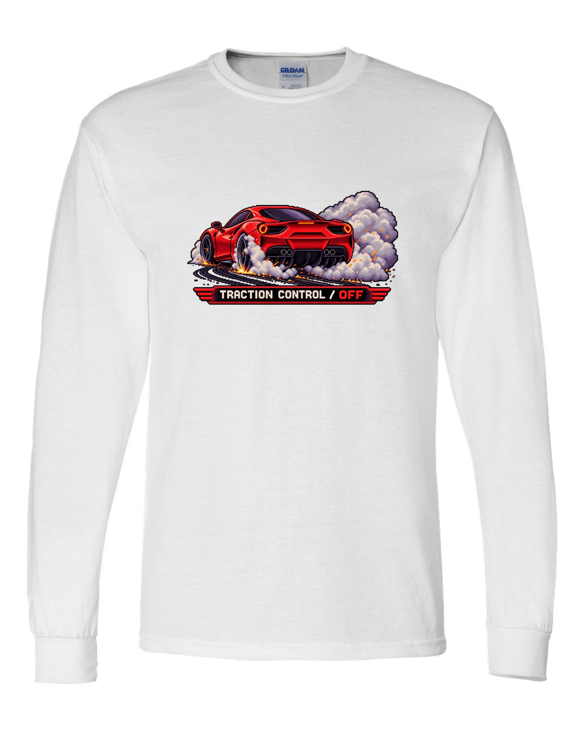 Pixel art Ferrari 488 GTB burnout with traction control off text white long sleeve front view with the design