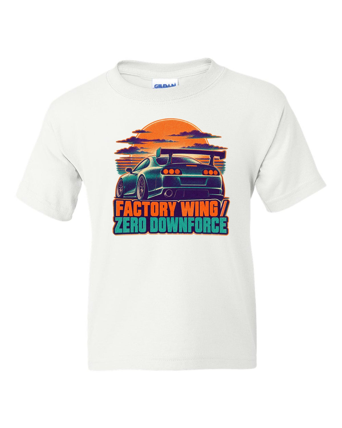 Risograph two-colour dusk print of a Toyota Supra A80 JZA80 with factory wing zero downforce text white kids tee front view with the design